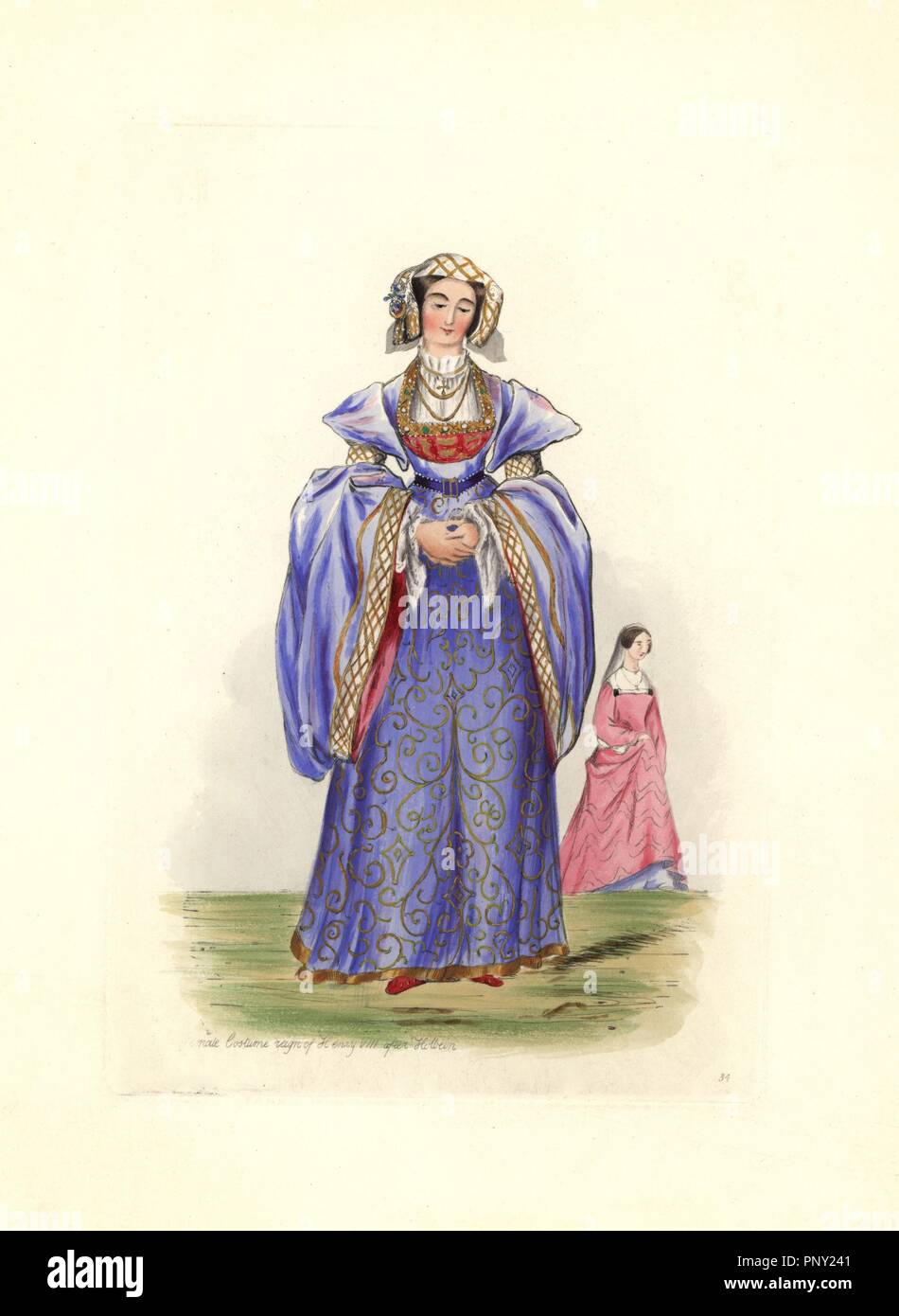 Female costume in the reign of Henry VIII after Holbein. She wears a long dress with embroidered front and large full sleeves over red shoes. Handcolored engraving from "Civil Costume of England from the Conquest to the Present Period" drawn by Charles Martin and etched by Leopold Martin, London, Henry Bohn, 1842. The costumes were drawn from tapestries, monumental effigies, illuminated manuscripts and portraits. Charles and Leopold Martin were the sons of the romantic artist and mezzotint engraver John Martin (1789-1854). Stock Photo