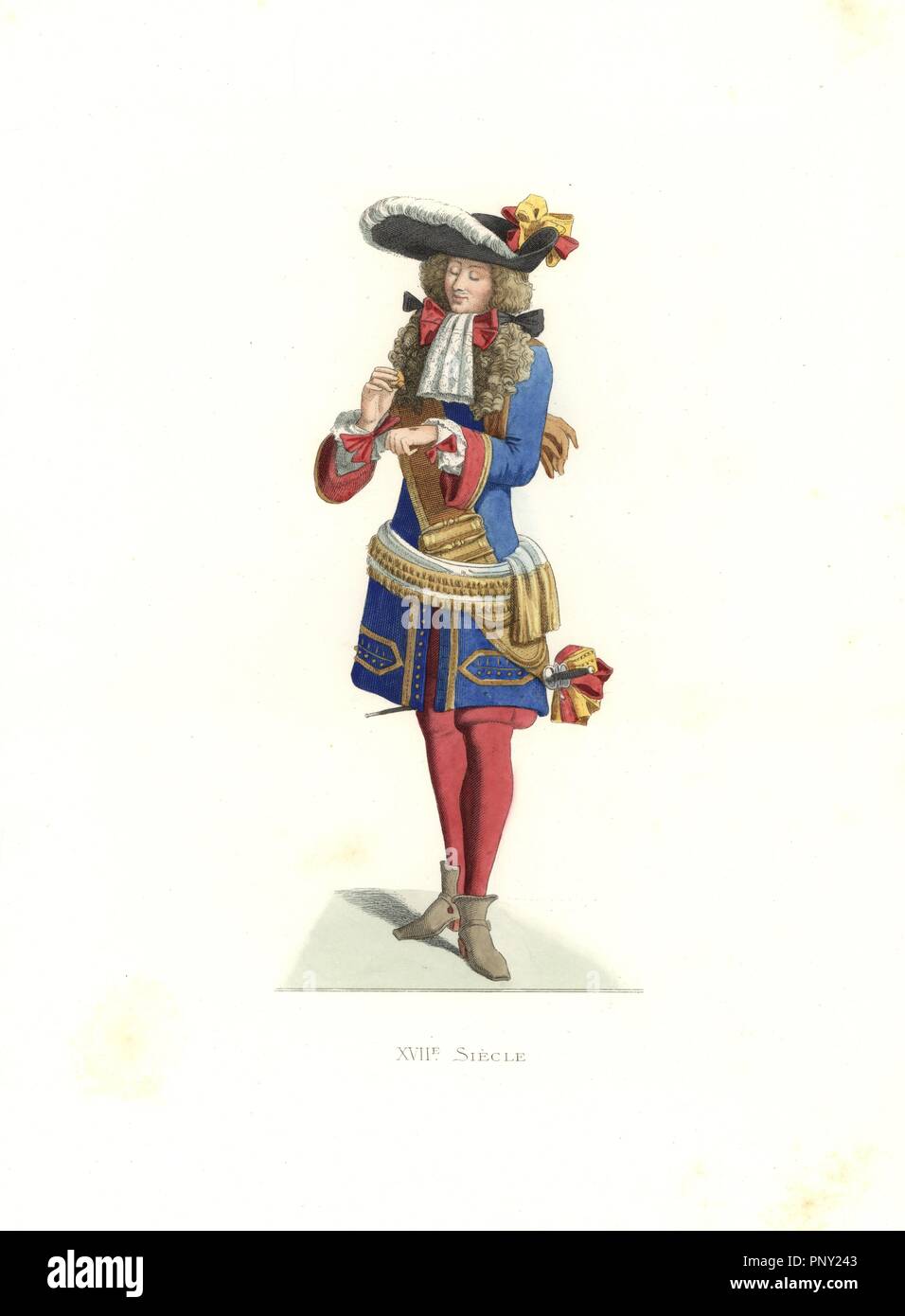 Royal officer, France, 17th century, from a print by Jean de Saint-Jean, 1675. Handcolored illustration by E. Lechevallier-Chevignard, lithographed by A. Didier, L. Flameng, F. Laguillermie, from Georges Duplessis's 'Costumes historiques des XVIe, XVIIe et XVIIIe siecles' (Historical costumes of the 16th, 17th and 18th centuries), Paris 1867. The book was a continuation of the series on the costumes of the 12th to 15th centuries published by Camille Bonnard and Paul Mercuri from 1830. Georges Duplessis (1834-1899) was curator of the Prints department at the Bibliotheque nationale. Edmond Leche Stock Photo
