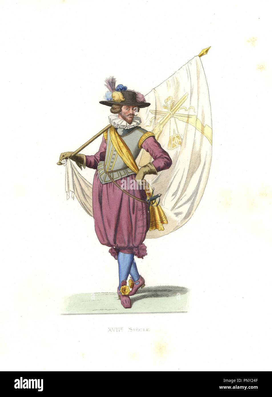 Standard bearer for a company of arquebusiers, 17th century. Handcolored illustration by E. Lechevallier-Chevignard, lithographed by A. Didier, L. Flameng, F. Laguillermie, from Georges Duplessis's 'Costumes historiques des XVIe, XVIIe et XVIIIe siecles' (Historical costumes of the 16th, 17th and 18th centuries), Paris 1867. The book was a continuation of the series on the costumes of the 12th to 15th centuries published by Camille Bonnard and Paul Mercuri from 1830. Georges Duplessis (1834-1899) was curator of the Prints department at the Bibliotheque nationale. Edmond Lechevallier-Chevignard Stock Photo