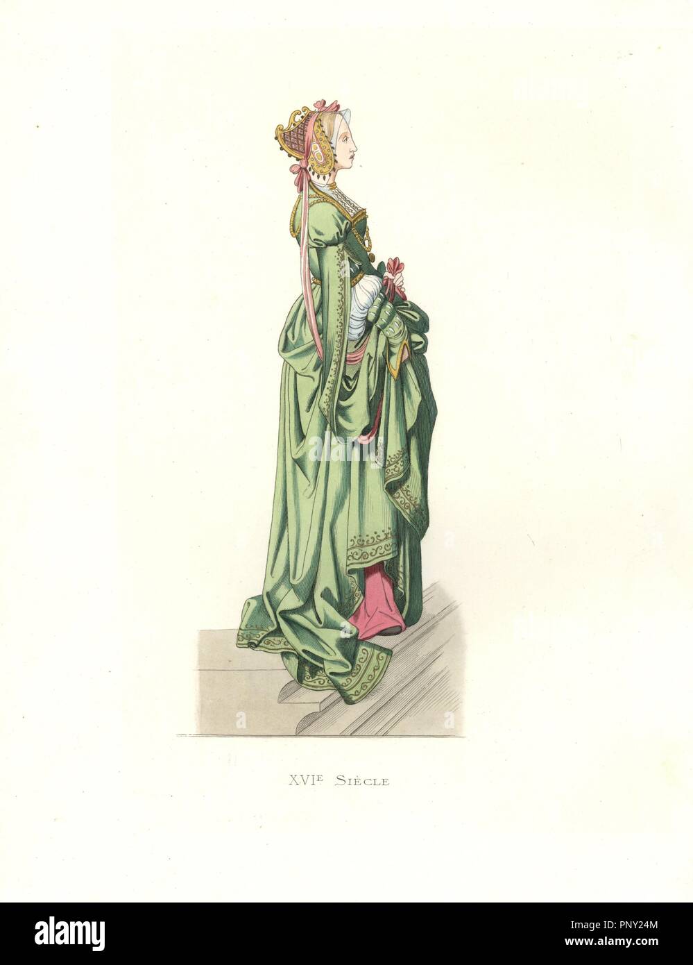 Flemish lady in waiting, 16th century, long green dress with embroidered  edges, pink underdress, headdress with pearls and pink ribbons..  Handcolored illustration by E. Lechevallier-Chevignard, lithographed by A.  Didier, L. Flameng, F.