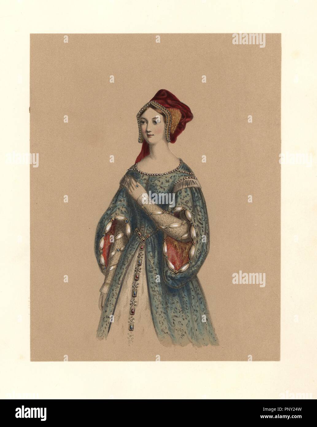 Dress of the reign of King Edward VI, 1547~1553. She wears a velvet hat, round-collared dress decorated with pearls, open puff sleeves, and a jeweled belt. Pedro de Gante, Stow, Hollingshed, and portrait of Elizabeth when princess. Handcoloured lithograph from "Costumes of British Ladies from the Time of William the First to the Reign of Queen Victoria,” London, Dickinson & Son, 1840. 48 mounted plates of women's fashion from 1066 to 1840 based on effigies, manuscripts, portraits, prints and literary descriptions. Stock Photo