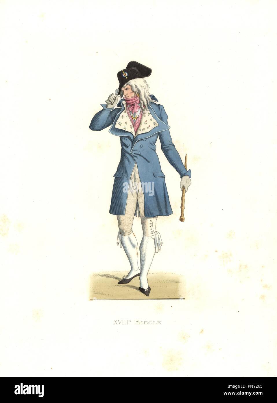 Fashionable man Incroyable, France, 18th century, from a print by Carle Vernet. Handcolored illustration by E. Lechevallier-Chevignard, lithographed by A. Didier, L. Flameng, F. Laguillermie, from Georges Duplessis's 'Costumes historiques des XVIe, XVIIe et XVIIIe siecles' (Historical costumes of the 16th, 17th and 18th centuries), Paris 1867. The book was a continuation of the series on the costumes of the 12th to 15th centuries published by Camille Bonnard and Paul Mercuri from 1830. Georges Duplessis (1834-1899) was curator of the Prints department at the Bibliotheque nationale. Edmond Lech Stock Photo