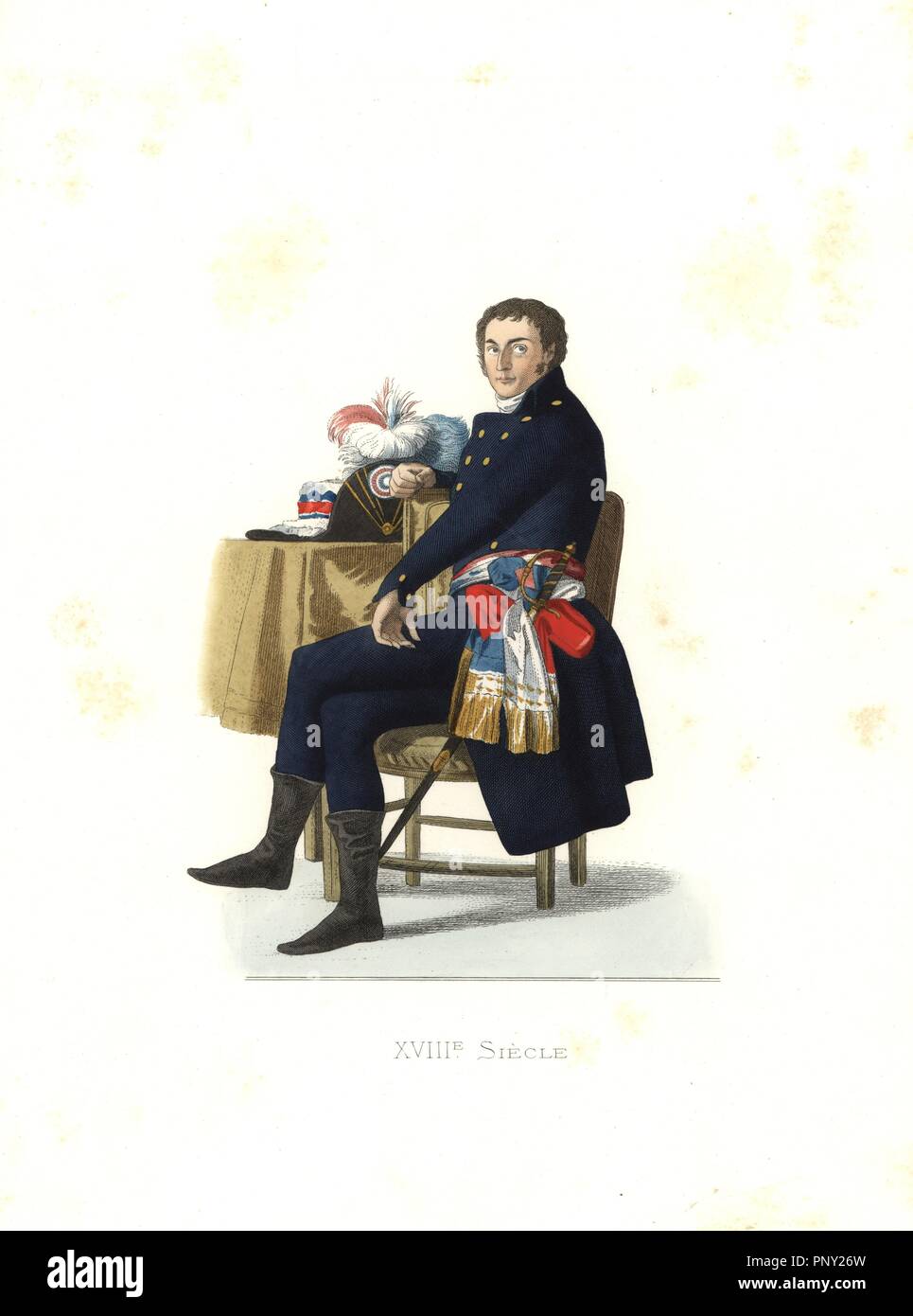 Guillemardet, Ambassador of the French Republic, France, 18th century. Handcolored illustration by E. Lechevallier-Chevignard, lithographed by A. Didier, L. Flameng, F. Laguillermie, from Georges Duplessis's 'Costumes historiques des XVIe, XVIIe et XVIIIe siecles' (Historical costumes of the 16th, 17th and 18th centuries), Paris 1867. The book was a continuation of the series on the costumes of the 12th to 15th centuries published by Camille Bonnard and Paul Mercuri from 1830. Georges Duplessis (1834-1899) was curator of the Prints department at the Bibliotheque nationale. Edmond Lechevallier- Stock Photo