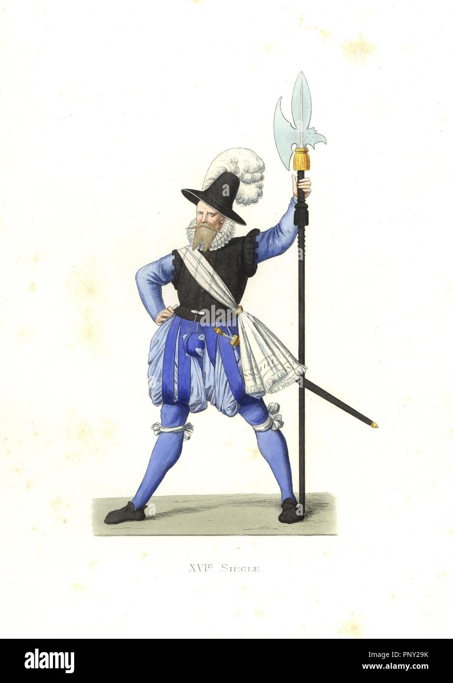 Heinrich Schmid, Swiss halberdier, 16th century. Handcolored illustration by E. Lechevallier-Chevignard, lithographed by A. Didier, L. Flameng, F. Laguillermie, from Georges Duplessis's 'Costumes historiques des XVIe, XVIIe et XVIIIe siecles' (Historical costumes of the 16th, 17th and 18th centuries), Paris 1867. The book was a continuation of the series on the costumes of the 12th to 15th centuries published by Camille Bonnard and Paul Mercuri from 1830. Georges Duplessis (1834-1899) was curator of the Prints department at the Bibliotheque nationale. Edmond Lechevallier-Chevignard (1825-1902) Stock Photo