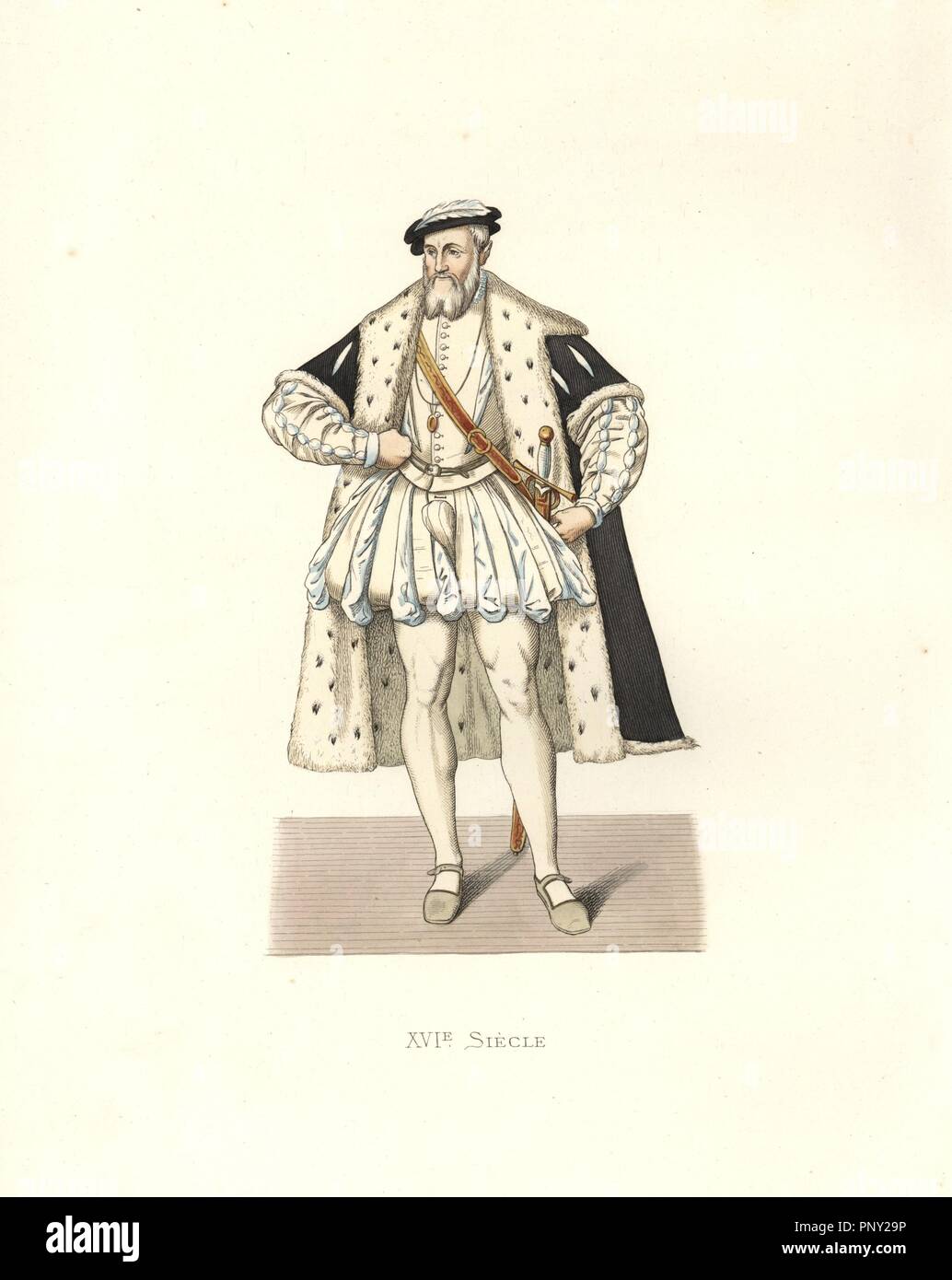 Francois de Lorraine, Duke of Guise (1519-1563) in court wear. A brown cape lined with ermine, cream doublet slashed to reveal white fabric beneath, sword slung from shoulder, and a protruding codpiece. . . Handcolored illustration by E. Lechevallier-Chevignard, lithographed by A. Didier, L. Flameng, F. Laguillermie, from Georges Duplessis's 'Costumes historiques des XVIe, XVIIe et XVIIIe siecles' (Historical costumes of the 16th, 17th and 18th centuries), Paris 1867. The book was a continuation of the series on the costumes of the 12th to 15th centuries published by Camille Bonnard and Paul M Stock Photo