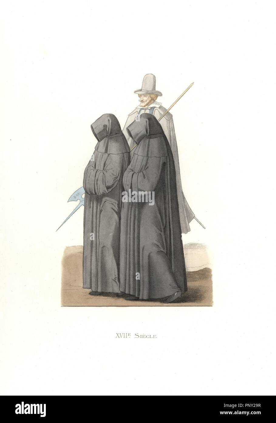 Mourning habits, 17th century, from the funeral of Charles III, Duke of Lorraine. From a painting by Fred. Brentel. Handcolored illustration by E. Lechevallier-Chevignard, lithographed by A. Didier, L. Flameng, F. Laguillermie, from Georges Duplessis's 'Costumes historiques des XVIe, XVIIe et XVIIIe siecles' (Historical costumes of the 16th, 17th and 18th centuries), Paris 1867. The book was a continuation of the series on the costumes of the 12th to 15th centuries published by Camille Bonnard and Paul Mercuri from 1830. Georges Duplessis (1834-1899) was curator of the Prints department at the Stock Photo