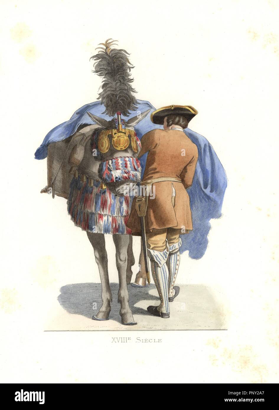 An equestrian servant, France, 18th century, from a painting by Carle Van Loo. Handcolored illustration by E. Lechevallier-Chevignard, lithographed by A. Didier, L. Flameng, F. Laguillermie, from Georges Duplessis's 'Costumes historiques des XVIe, XVIIe et XVIIIe siecles' (Historical costumes of the 16th, 17th and 18th centuries), Paris 1867. The book was a continuation of the series on the costumes of the 12th to 15th centuries published by Camille Bonnard and Paul Mercuri from 1830. Georges Duplessis (1834-1899) was curator of the Prints department at the Bibliotheque nationale. Edmond Leche Stock Photo