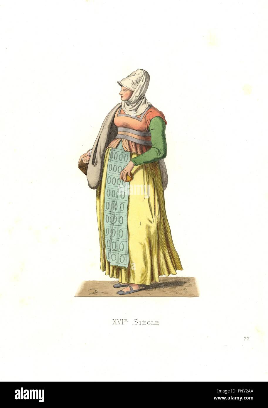Peasant woman of Portugal, 16th century, based on a contemporary print. Handcolored illustration by E. Lechevallier-Chevignard, lithographed by A. Didier, L. Flameng, F. Laguillermie, from Georges Duplessis's 'Costumes historiques des XVIe, XVIIe et XVIIIe siecles' (Historical costumes of the 16th, 17th and 18th centuries), Paris 1867. The book was a continuation of the series on the costumes of the 12th to 15th centuries published by Camille Bonnard and Paul Mercuri from 1830. Georges Duplessis (1834-1899) was curator of the Prints department at the Bibliotheque nationale. Edmond Lechevallier Stock Photo