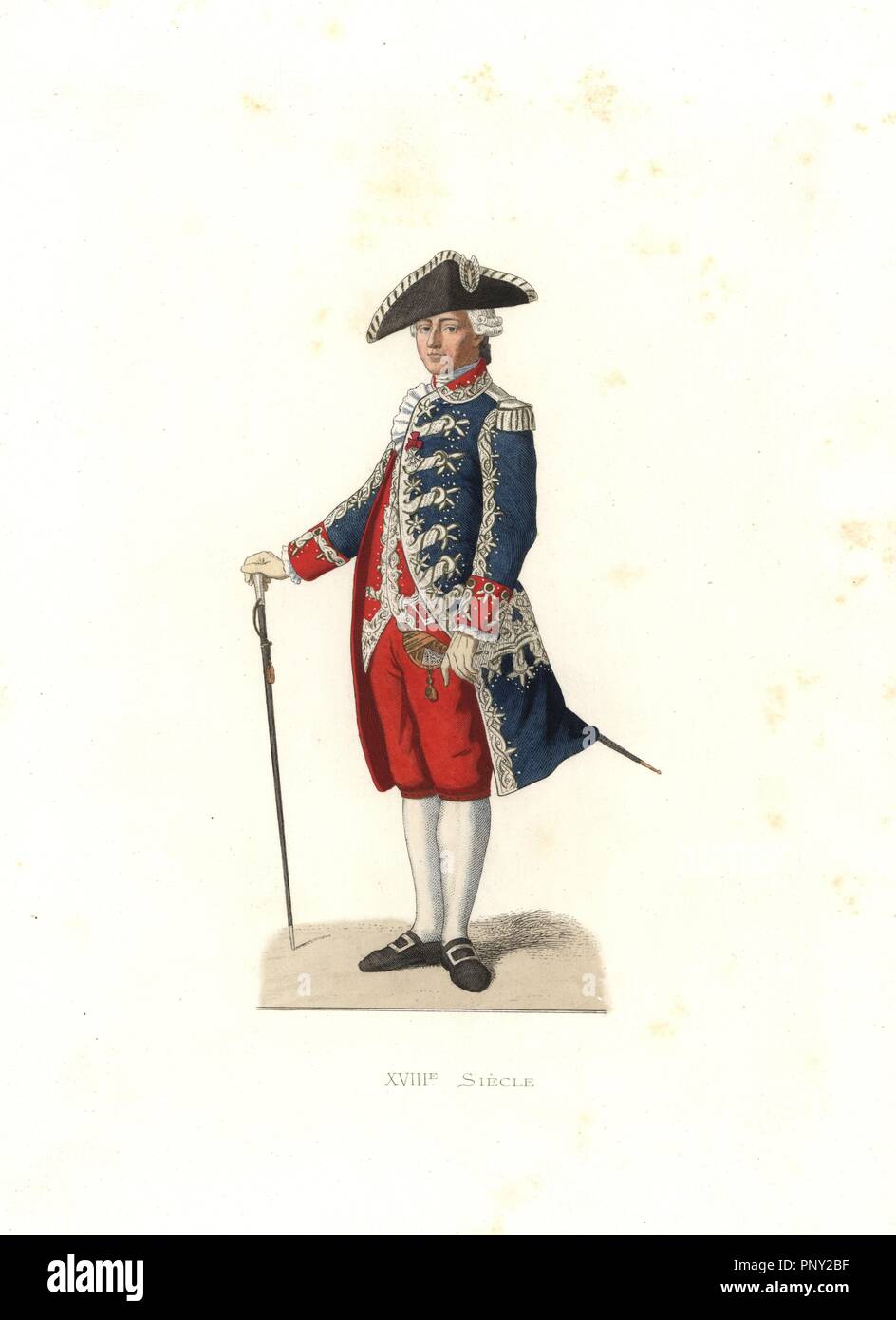 Count of Vergennes, captain of the Gardes de la Porte du Roi, France, 18th century. Handcolored illustration by E. Lechevallier-Chevignard, lithographed by A. Didier, L. Flameng, F. Laguillermie, from Georges Duplessis's 'Costumes historiques des XVIe, XVIIe et XVIIIe siecles' (Historical costumes of the 16th, 17th and 18th centuries), Paris 1867. The book was a continuation of the series on the costumes of the 12th to 15th centuries published by Camille Bonnard and Paul Mercuri from 1830. Georges Duplessis (1834-1899) was curator of the Prints department at the Bibliotheque nationale. Edmond  Stock Photo