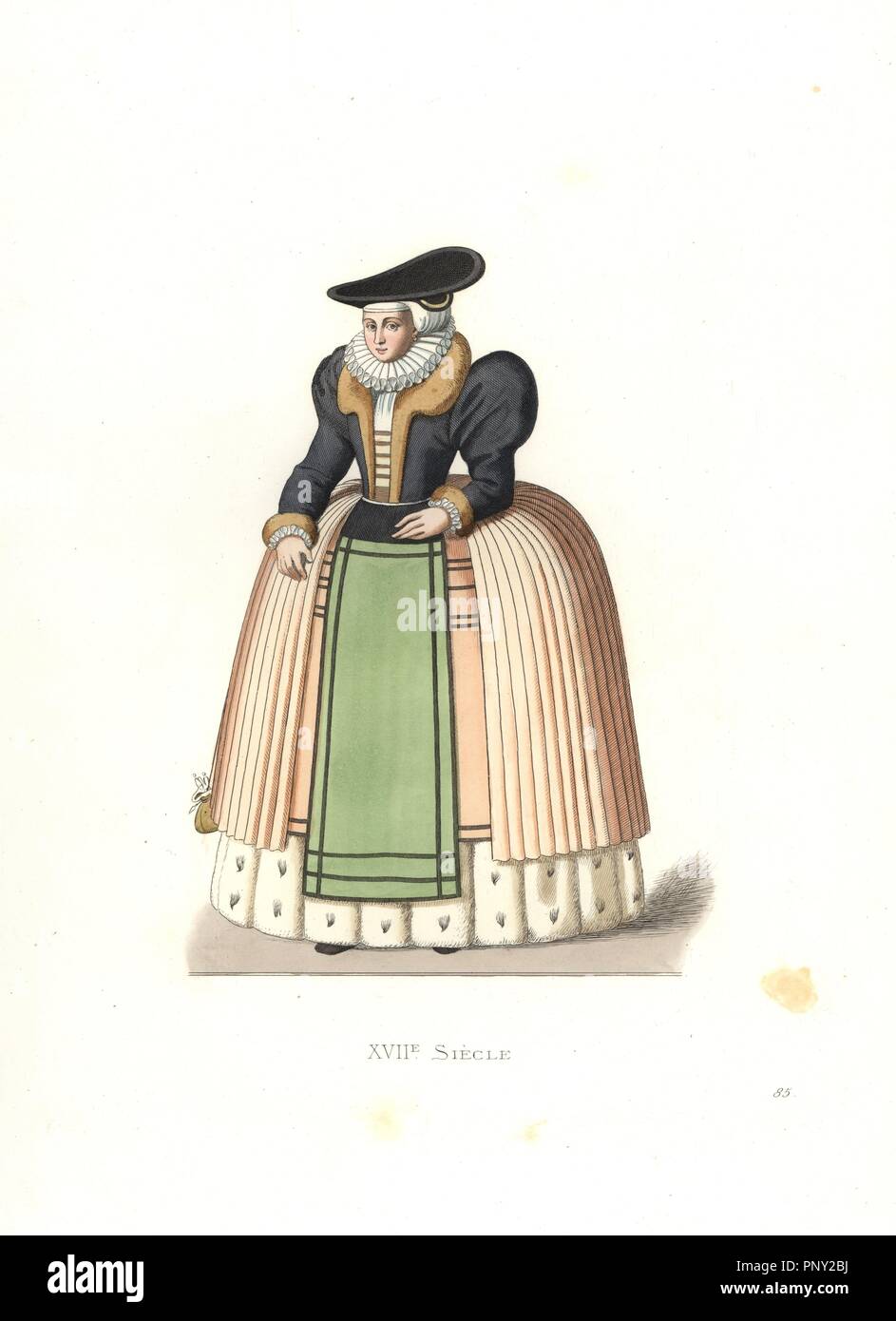 Woman of Alsace, 16th century. Wife of a master ropemaker of Strasbourg. Handcolored illustration by E. Lechevallier-Chevignard, lithographed by A. Didier, L. Flameng, F. Laguillermie, from Georges Duplessis's 'Costumes historiques des XVIe, XVIIe et XVIIIe siecles' (Historical costumes of the 16th, 17th and 18th centuries), Paris 1867. The book was a continuation of the series on the costumes of the 12th to 15th centuries published by Camille Bonnard and Paul Mercuri from 1830. Georges Duplessis (1834-1899) was curator of the Prints department at the Bibliotheque nationale. Edmond Lechevallie Stock Photo
