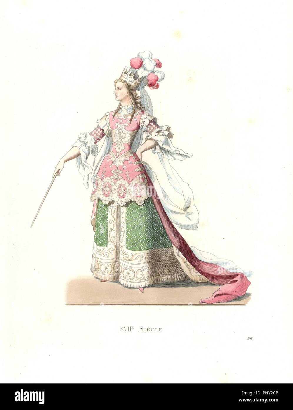 French woman in ballet costume, 17th century. Handcolored illustration by E. Lechevallier-Chevignard, lithographed by A. Didier, L. Flameng, F. Laguillermie, from Georges Duplessis's 'Costumes historiques des XVIe, XVIIe et XVIIIe siecles' (Historical costumes of the 16th, 17th and 18th centuries), Paris 1867. The book was a continuation of the series on the costumes of the 12th to 15th centuries published by Camille Bonnard and Paul Mercuri from 1830. Georges Duplessis (1834-1899) was curator of the Prints department at the Bibliotheque nationale. Edmond Lechevallier-Chevignard (1825-1902) wa Stock Photo