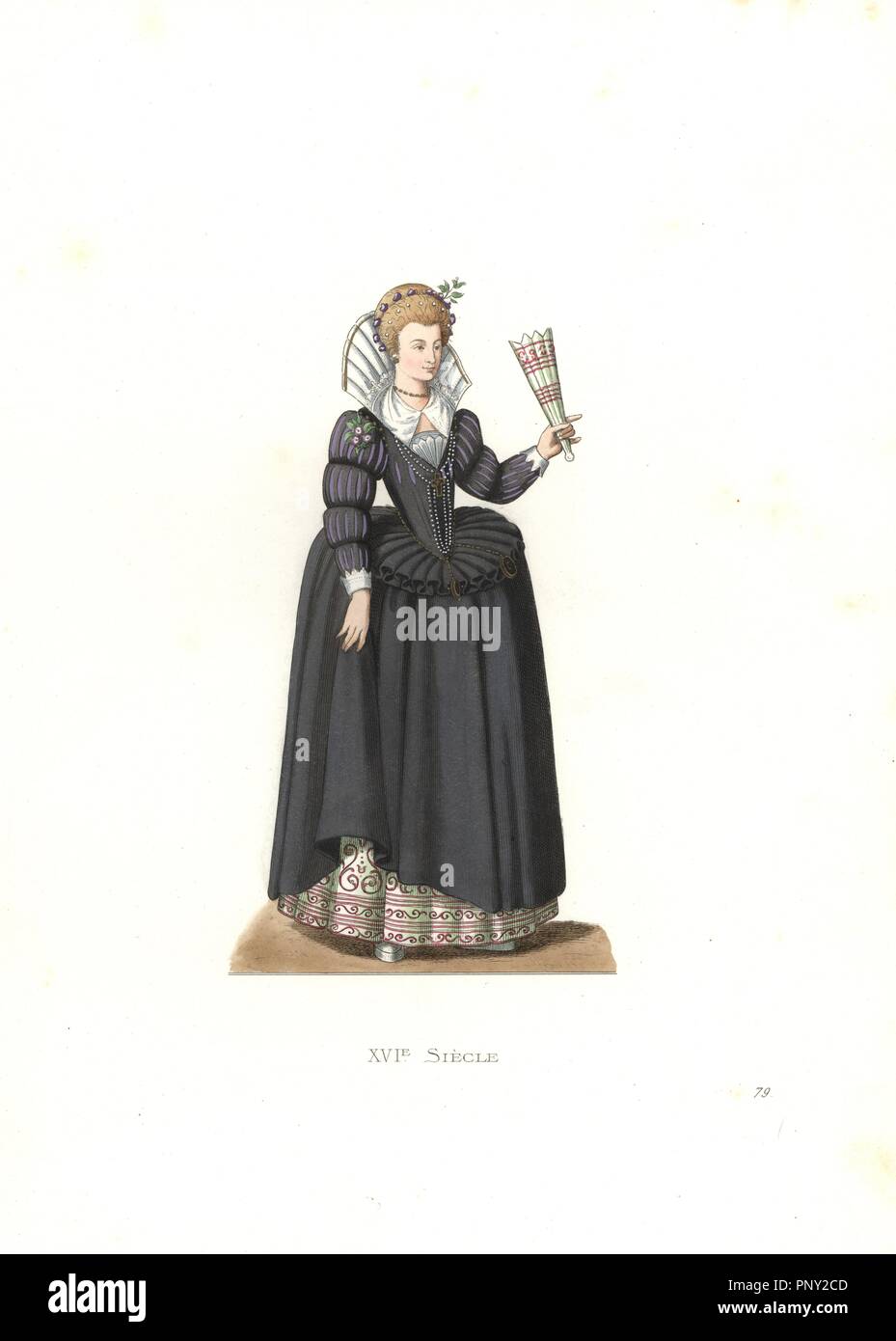 French woman from the reign of King Henry III, 16th century, from the collection of de Gaignieres. Handcolored illustration by E. Lechevallier-Chevignard, lithographed by A. Didier, L. Flameng, F. Laguillermie, from Georges Duplessis's 'Costumes historiques des XVIe, XVIIe et XVIIIe siecles' (Historical costumes of the 16th, 17th and 18th centuries), Paris 1867. The book was a continuation of the series on the costumes of the 12th to 15th centuries published by Camille Bonnard and Paul Mercuri from 1830. Georges Duplessis (1834-1899) was curator of the Prints department at the Bibliotheque nat Stock Photo