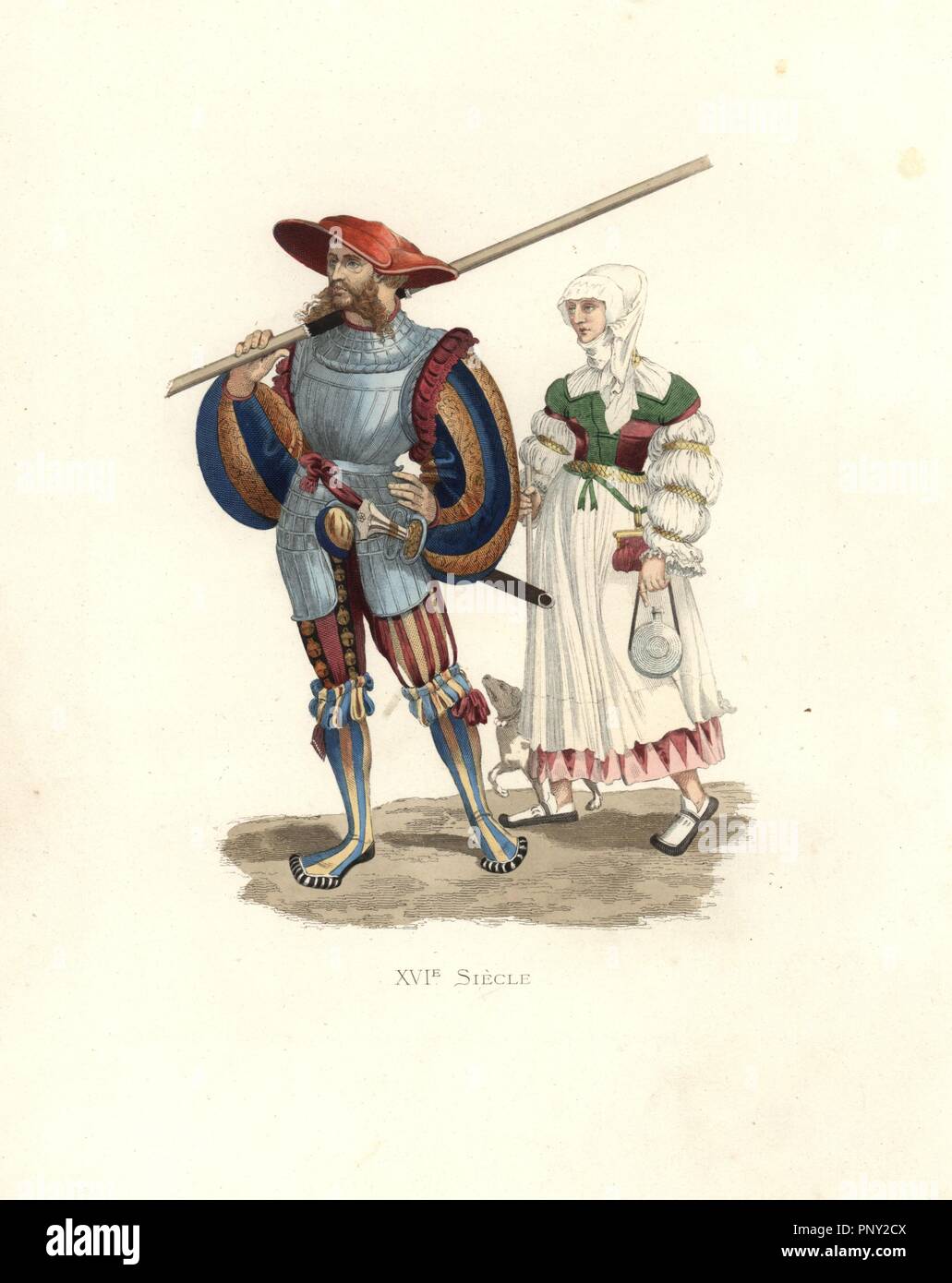 German lancer and peasant woman, 16th century, from a print by Hans Guldenmundt. The soldier in an extraordinary luxurious and flamboyant costume of breastplate, puff sleeves and multicolored striped stockings.. Handcolored illustration by E. Lechevallier-Chevignard, lithographed by A. Didier, L. Flamenq, F. Laguillermie, from Georges Duplessis's 'Costumes historiques des XVIe, XVIIe et XVIIIe siecles' (Historical costumes of the 16th, 17th and 18th centuries), Paris 1867. The book was a continuation of the series on the costumes of the 12th to 15th centuries published by Camille Bonnard and P Stock Photo