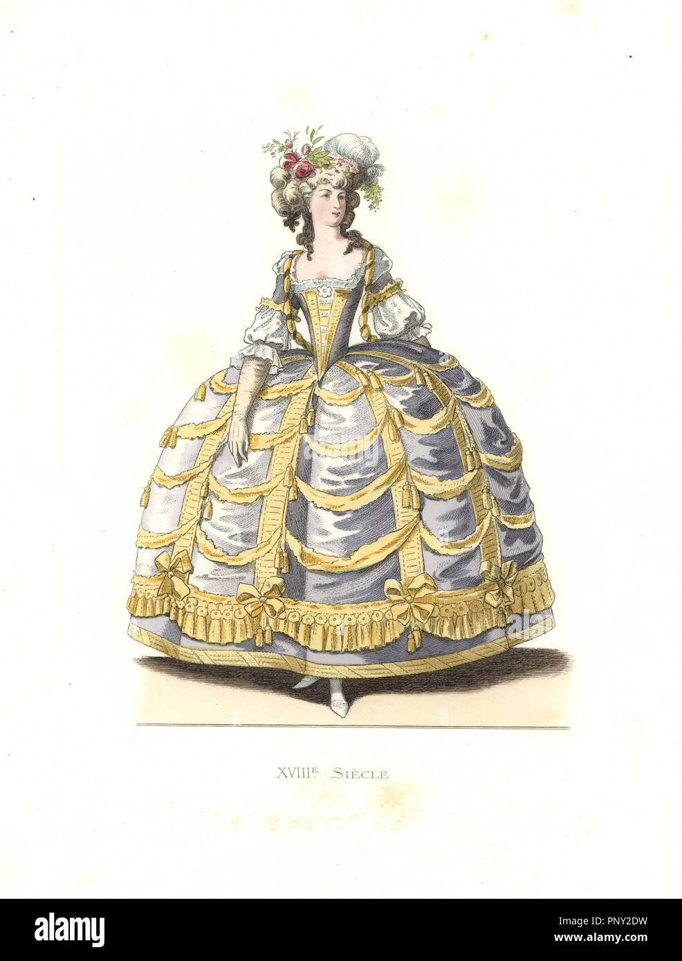 Woman in ball gown, France, 18th century. Handcolored illustration by E. Lechevallier-Chevignard, lithographed by A. Didier, L. Flameng, F. Laguillermie, from Georges Duplessis's 'Costumes historiques des XVIe, XVIIe et XVIIIe siecles' (Historical costumes of the 16th, 17th and 18th centuries), Paris 1867. The book was a continuation of the series on the costumes of the 12th to 15th centuries published by Camille Bonnard and Paul Mercuri from 1830. Georges Duplessis (1834-1899) was curator of the Prints department at the Bibliotheque nationale. Edmond Lechevallier-Chevignard (1825-1902) was an Stock Photo