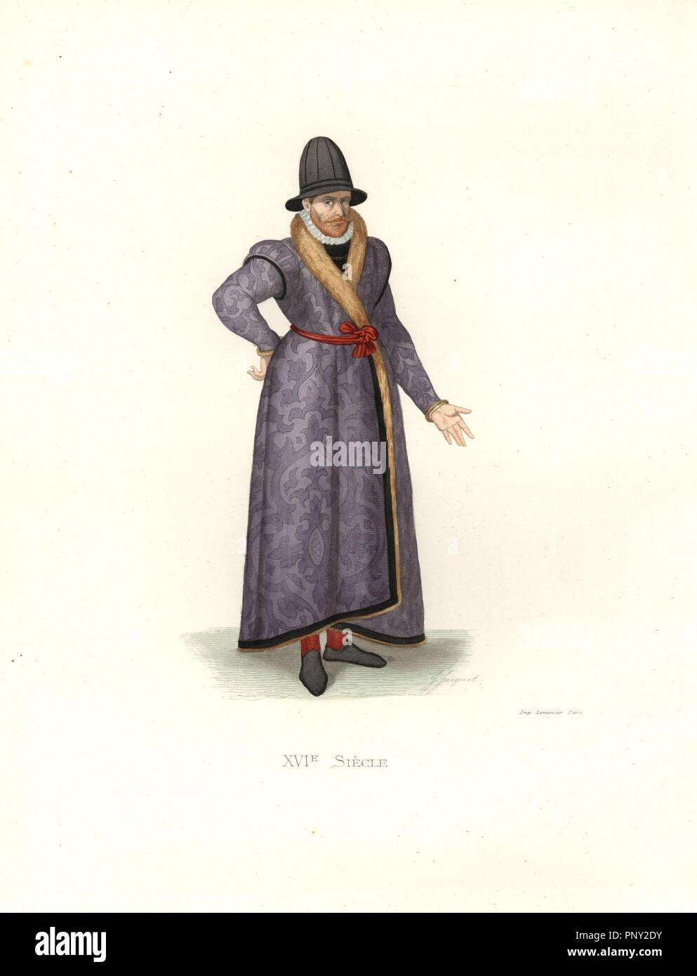 English noble, 16th century, from a woodcut by Cesare Vecellio. Purple