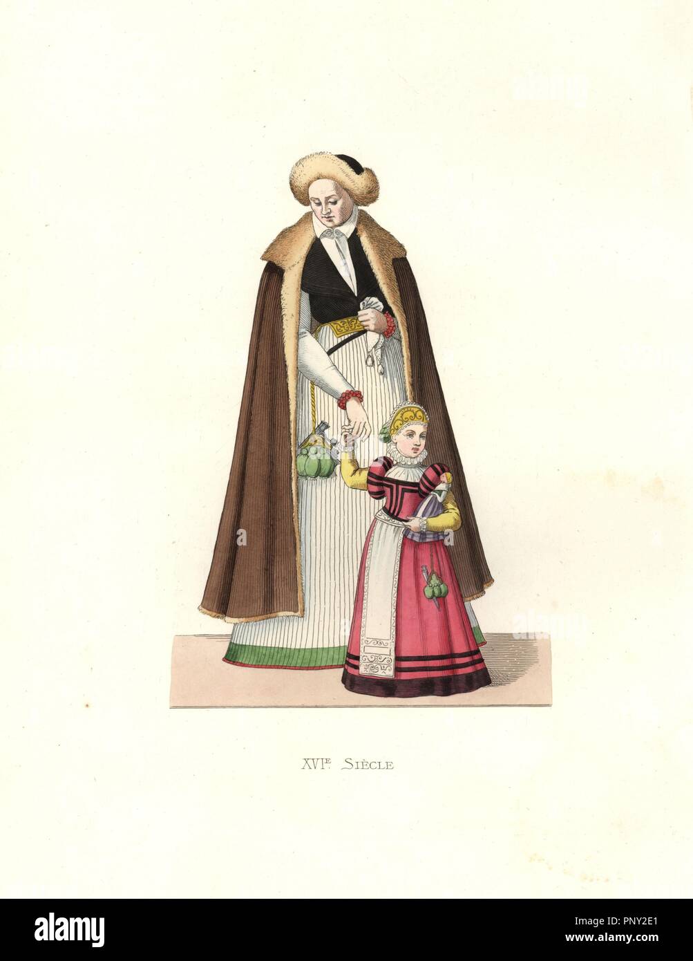 Woman of Silesia and girl, 16th century. The woman in brown bodice and long skirt, with a fur-lined brown coat and hat, the girl in pink bodice and skirt with apron and ruff, carrying a doll dressed the same.. Handcolored illustration by E. Lechevallier-Chevignard, lithographed by A. Didier, L. Flameng, F. Laguillermie, from Georges Duplessis's 'Costumes historiques des XVIe, XVIIe et XVIIIe siecles' (Historical costumes of the 16th, 17th and 18th centuries), Paris 1867. The book was a continuation of the series on the costumes of the 12th to 15th centuries published by Camille Bonnard and Pau Stock Photo