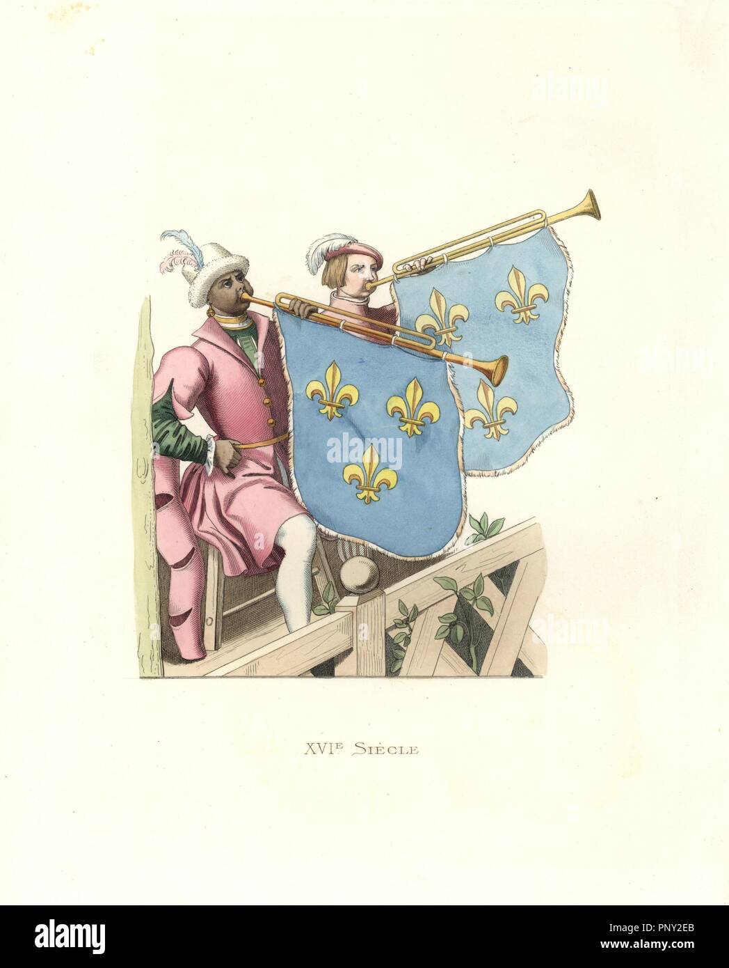 Trumpeters at a tournament, reign of Francis I of France. Long-sleeved pink tunics over green doublets, white stockings, horns bearing blue standards decorated with gold fleur-de-lys. One of the musicians an African.. . Handcolored illustration by E. Lechevallier-Chevignard, lithographed by A. Didier, L. Flameng, F. Laguillermie, from Georges Duplessis's 'Costumes historiques des XVIe, XVIIe et XVIIIe siecles' (Historical costumes of the 16th, 17th and 18th centuries), Paris 1867. The book was a continuation of the series on the costumes of the 12th to 15th centuries published by Camille Bonna Stock Photo