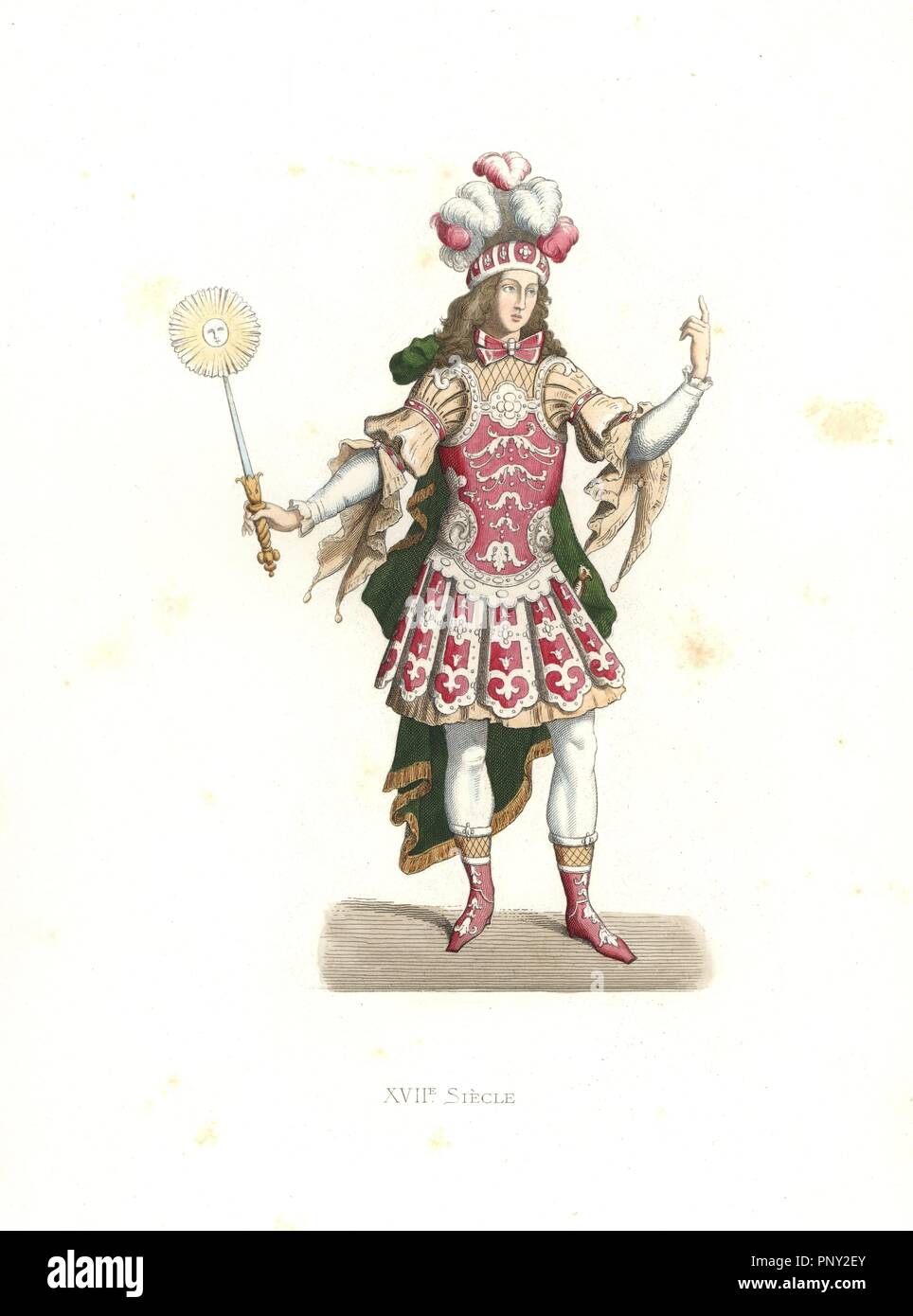 Louis XIV, the Sun King, in ballet costume, 17th century. Handcolored illustration by E. Lechevallier-Chevignard, lithographed by A. Didier, L. Flameng, F. Laguillermie, from Georges Duplessis's 'Costumes historiques des XVIe, XVIIe et XVIIIe siecles' (Historical costumes of the 16th, 17th and 18th centuries), Paris 1867. The book was a continuation of the series on the costumes of the 12th to 15th centuries published by Camille Bonnard and Paul Mercuri from 1830. Georges Duplessis (1834-1899) was curator of the Prints department at the Bibliotheque nationale. Edmond Lechevallier-Chevignard (1 Stock Photo