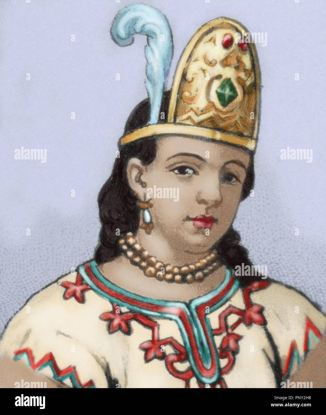 Malinche (c.1496-1529). Nahua woman. Interpreter of the spanish conqueror Hernan Cortes. Mexican engraving, 1885. Colored. Library of Catalonia. Barcelona. Spain. Stock Photo