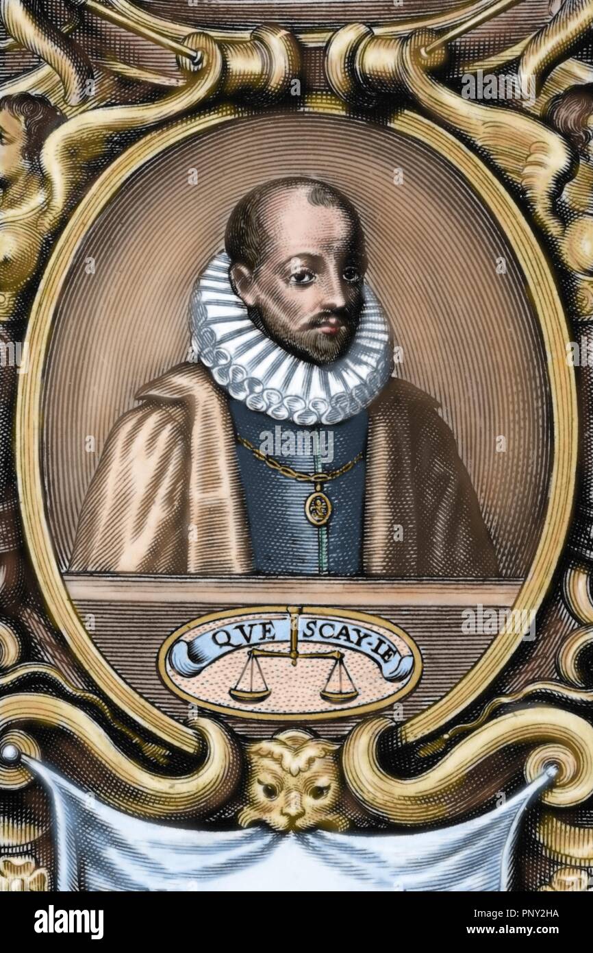 Michel Eyquem de Montaigne (1533-1592). Writer of the French Renaissance. Portrait. Colored engraving. Stock Photo