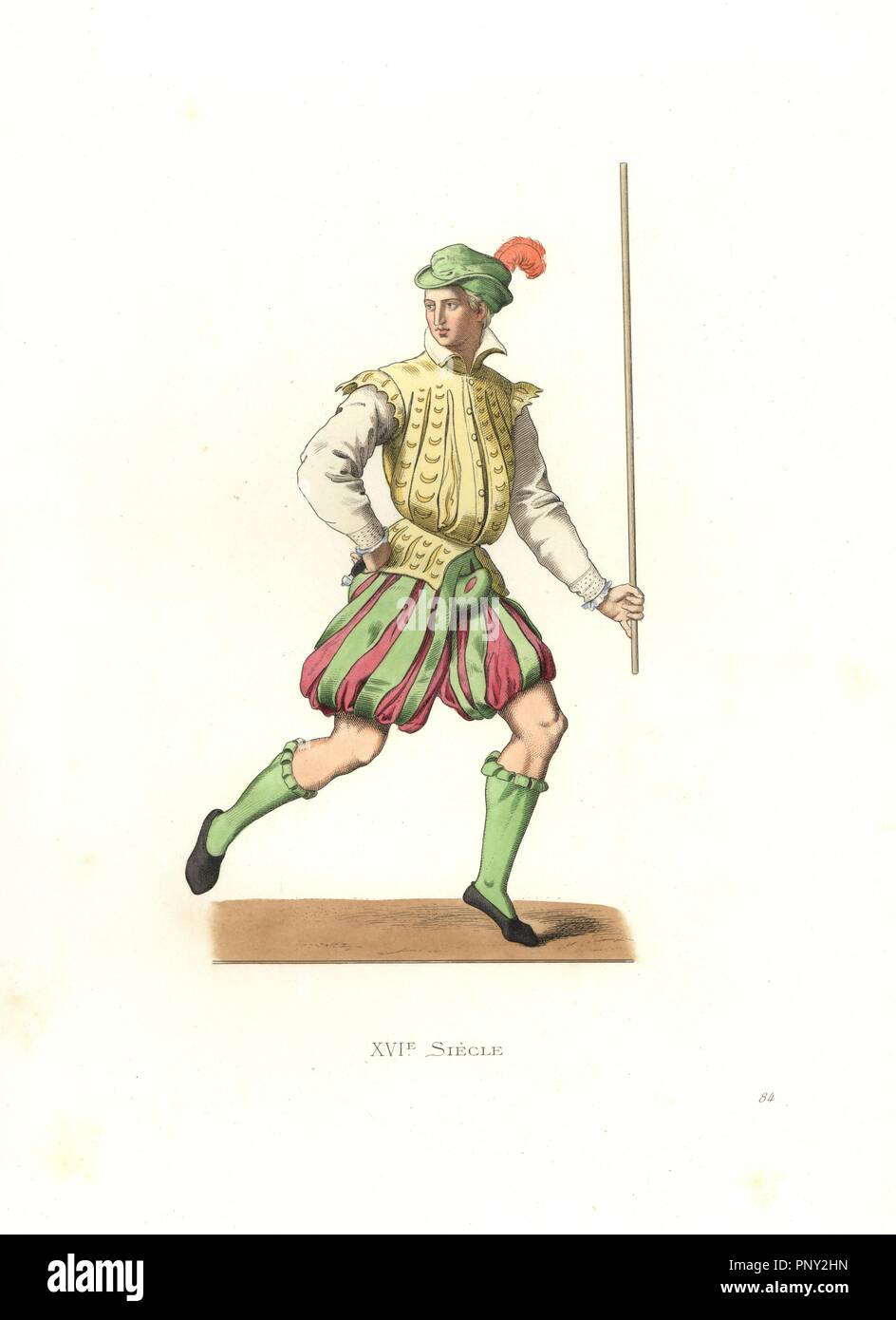 French lackey, 16th century. Handcolored illustration by E. Lechevallier-Chevignard, lithographed by A. Didier, L. Flameng, F. Laguillermie, from Georges Duplessis's 'Costumes historiques des XVIe, XVIIe et XVIIIe siecles' (Historical costumes of the 16th, 17th and 18th centuries), Paris 1867. The book was a continuation of the series on the costumes of the 12th to 15th centuries published by Camille Bonnard and Paul Mercuri from 1830. Georges Duplessis (1834-1899) was curator of the Prints department at the Bibliotheque nationale. Edmond Lechevallier-Chevignard (1825-1902) was an artist, book Stock Photo