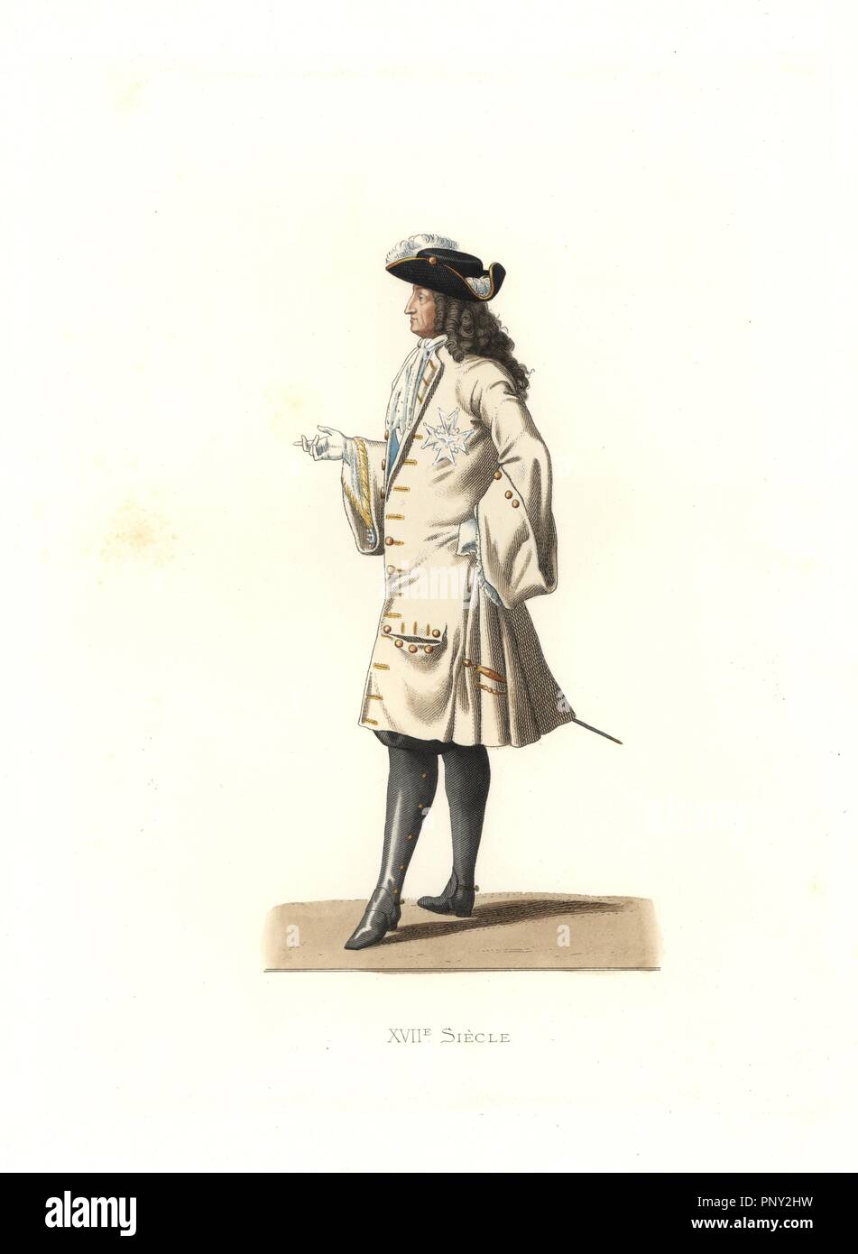 King Louis XIV of France, 1701. Handcolored illustration by E. Lechevallier-Chevignard, lithographed by A. Didier, L. Flameng, F. Laguillermie, from Georges Duplessis's 'Costumes historiques des XVIe, XVIIe et XVIIIe siecles' (Historical costumes of the 16th, 17th and 18th centuries), Paris 1867. The book was a continuation of the series on the costumes of the 12th to 15th centuries published by Camille Bonnard and Paul Mercuri from 1830. Georges Duplessis (1834-1899) was curator of the Prints department at the Bibliotheque nationale. Edmond Lechevallier-Chevignard (1825-1902) was an artist, b Stock Photo