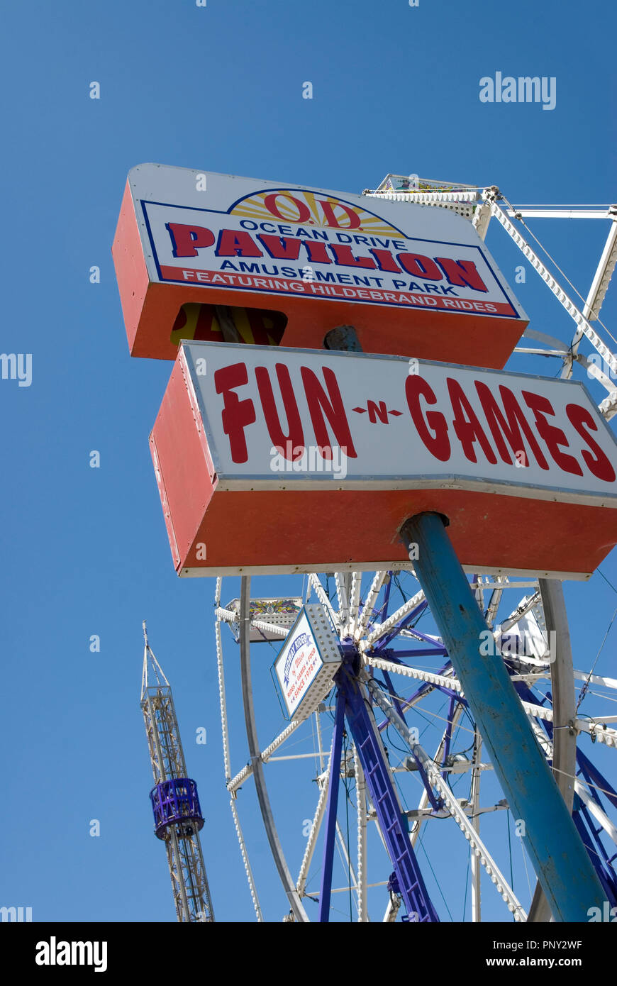Ocean Drive Pavilion Amusement Park sign at North Myrtle Beach South Carolina USA. Stock Photo