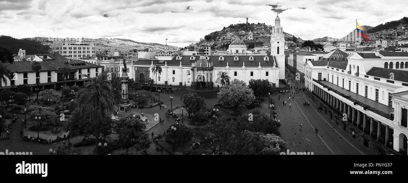 Panoramic of Plaza Grande or Plaza de Independencia, Quito, Ecuador in Black and White Stock