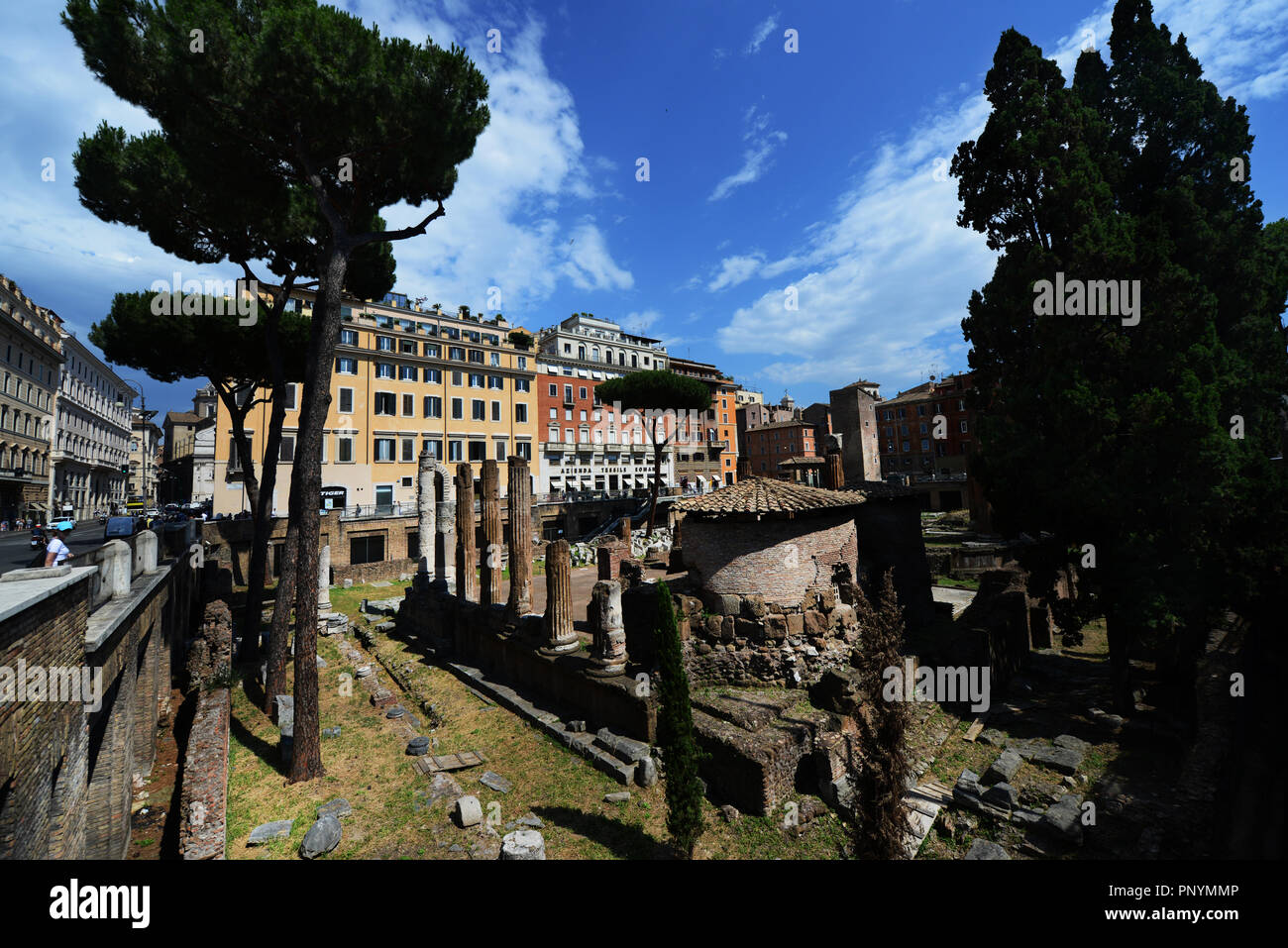 Largo di Torre Argentina is a big square in Rome with many Roman ruins. Stock Photo
