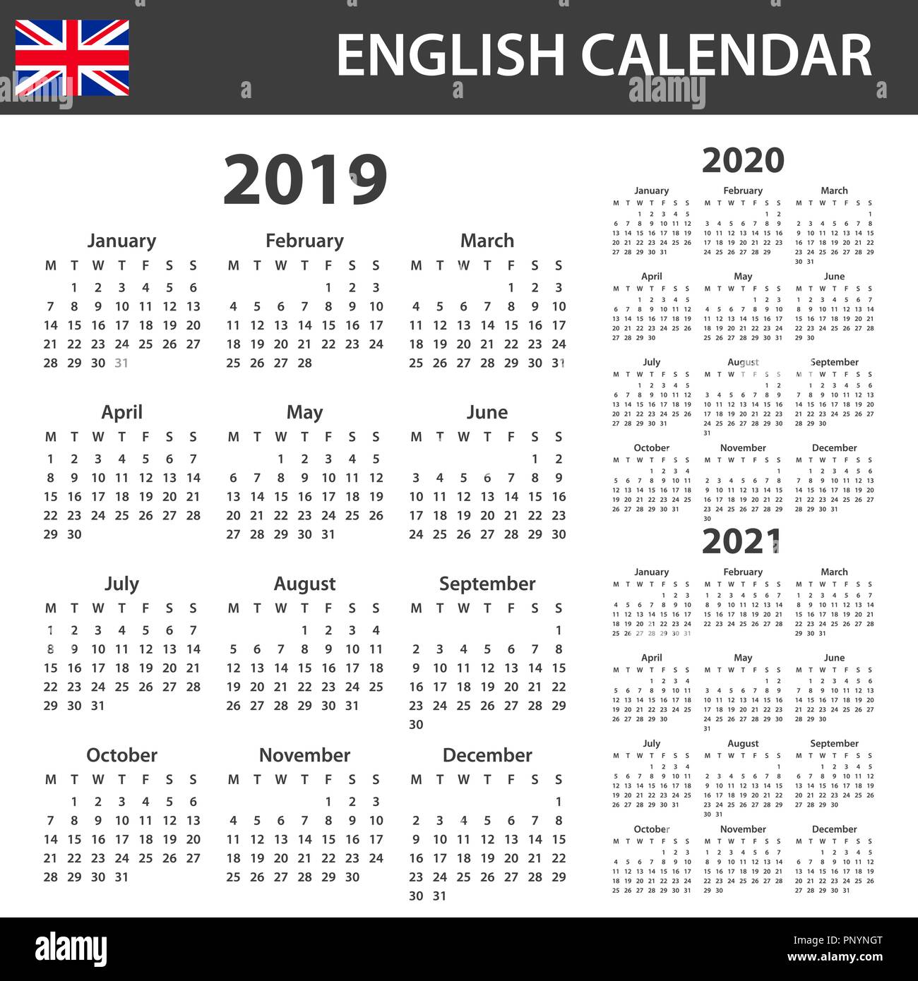 agenda calendar 2021 English Calendar For 2019 2020 And 2021 Scheduler Agenda Or Diary Template Week Starts On Monday Stock Vector Image Art Alamy agenda calendar 2021