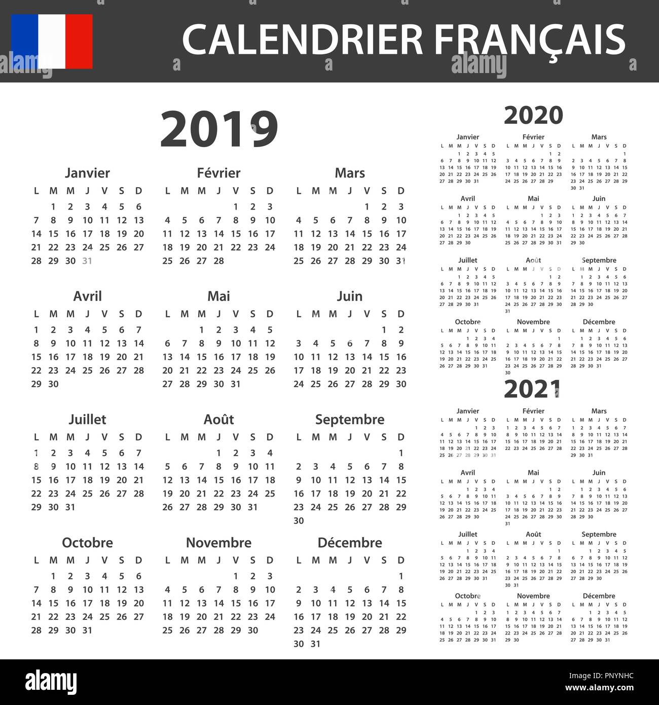 French Calendar for 2019, 2020 and 2021. Scheduler, agenda or diary template. Week starts on Monday Stock Vector Image & Art - Alamy