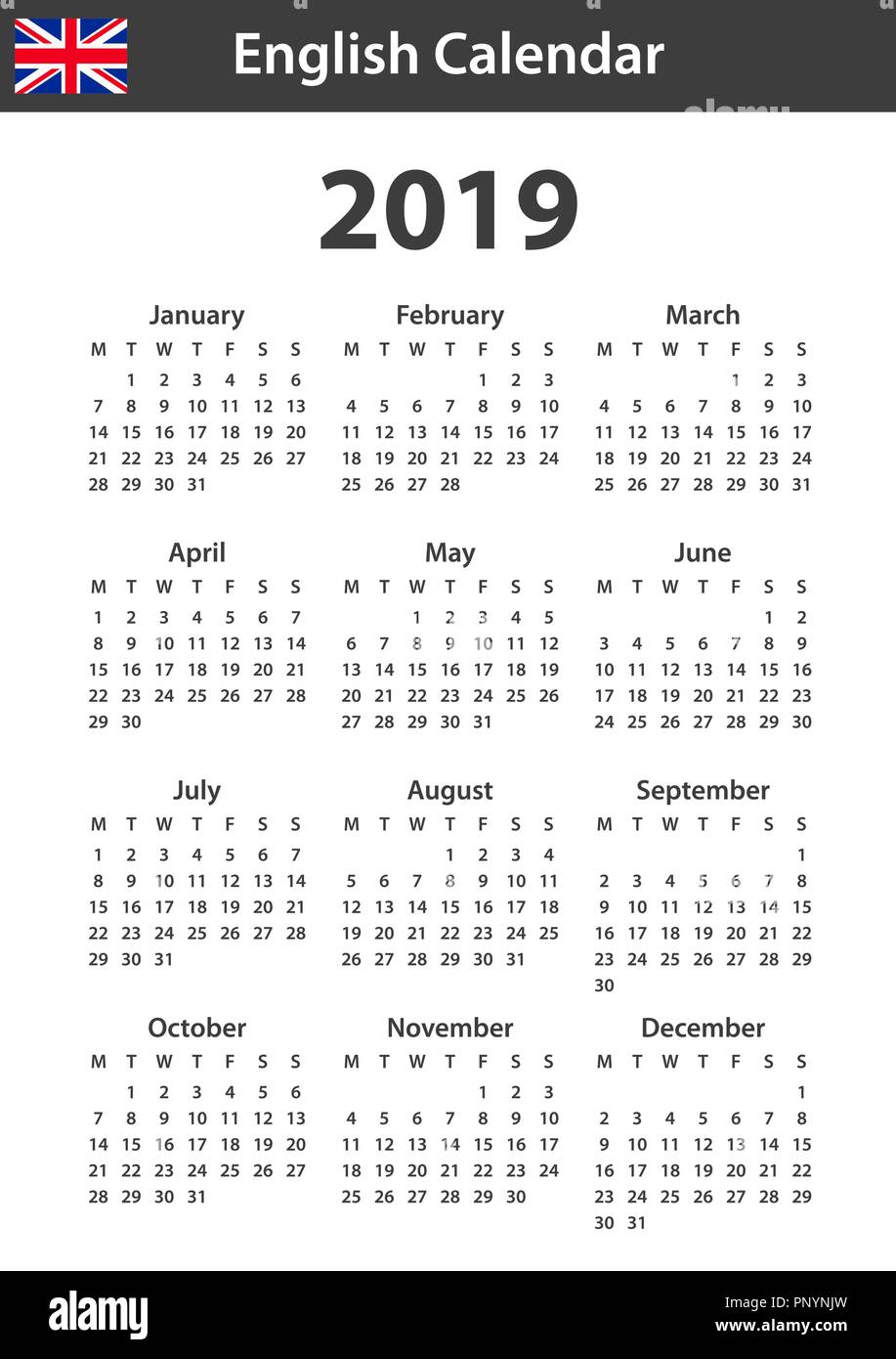 English Calendar For 2019. Scheduler, Agenda Or Diary Template. Week Starts On Monday Stock Vector Image & Art - Alamy