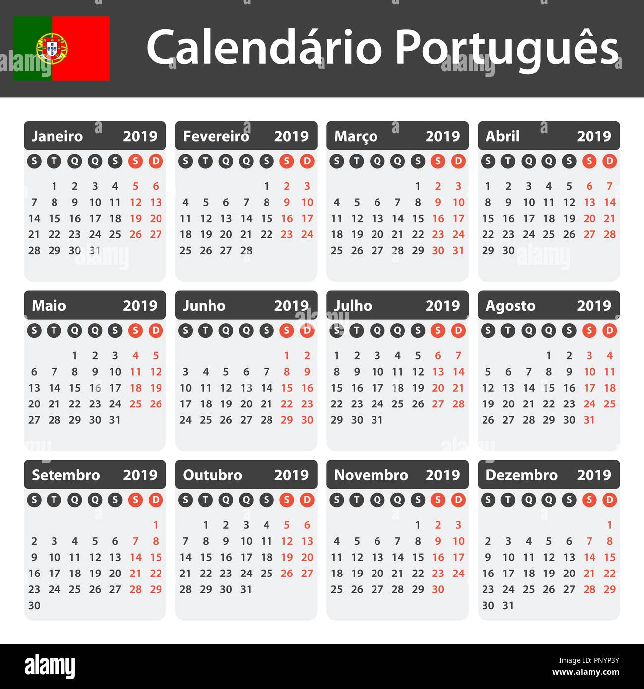 Portuguese Calendar for 2019. Scheduler, agenda or diary template. Week starts on Monday Stock Vector