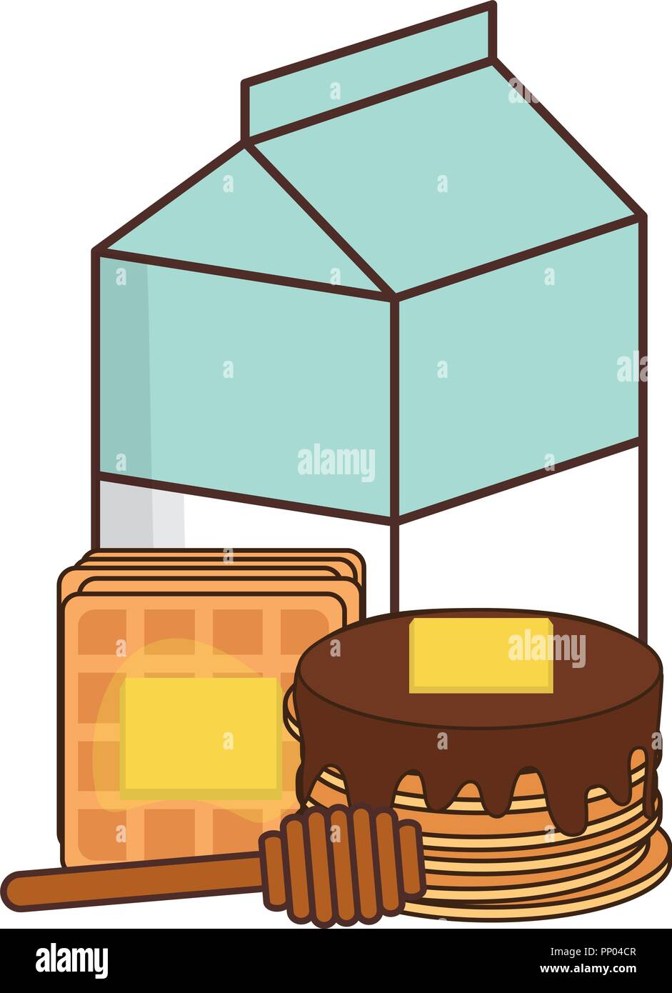 milk box with pancakes and waffle over white background, vector