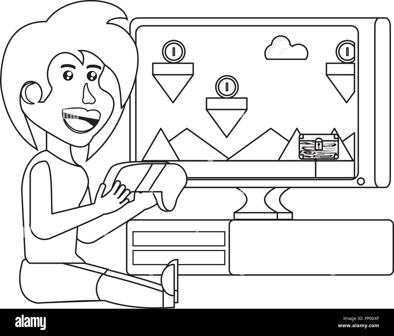 cartoon woman playing videogames on television over white background, vector illustration Stock Vector