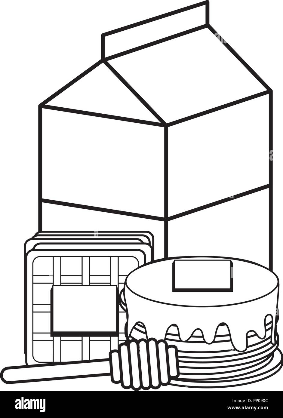 milk box with pancakes and waffle over white background, vector