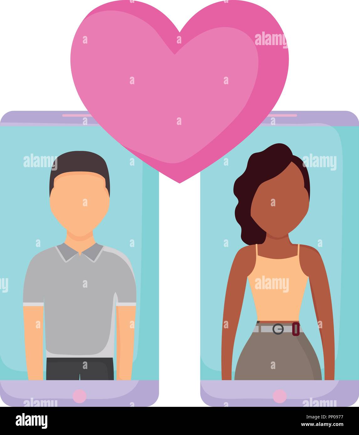 Man and woman using online dating app on smartphone and meeting at table,  tiny people. Blind date, speed dating, online dating service concept.  Website vibrant violet landing web page template. Stock Vector