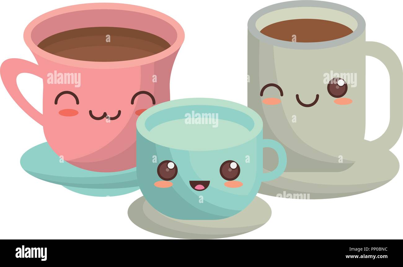 kawaii coffee mugs over white background, vector illustration Stock