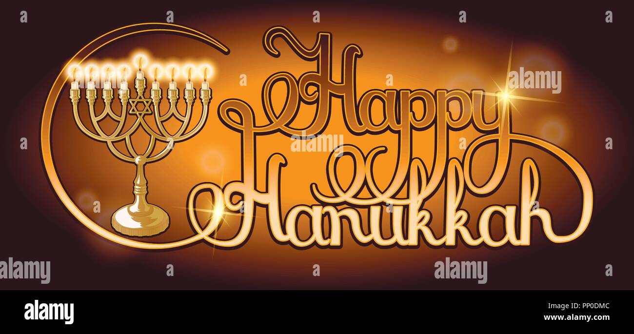 Vector Happy Hanukkah hand lettering. Festive poster, greeting card template with Menorah. Stock Vector