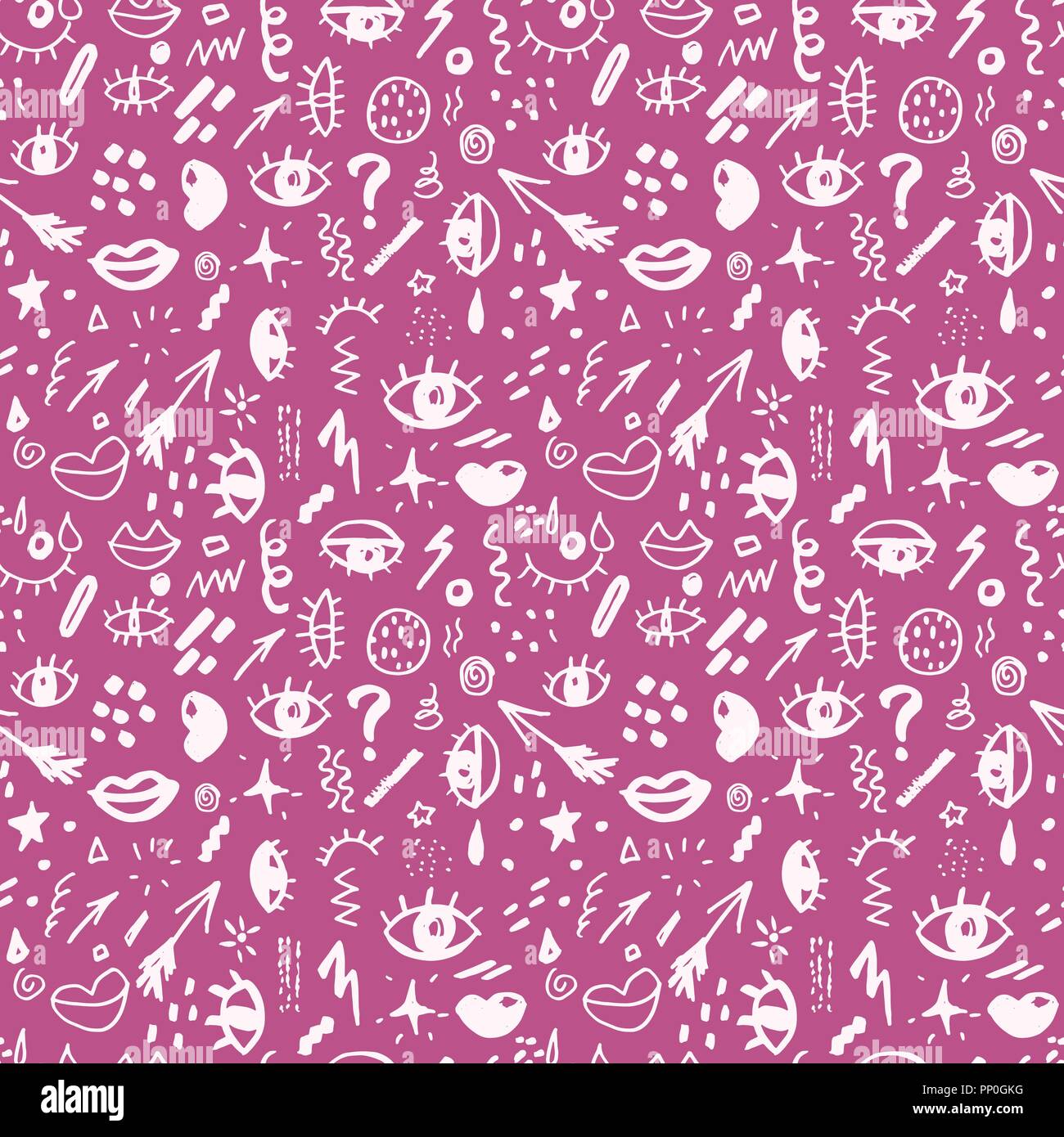 Seamless pattern with hand drawn sketched doodle elements eyes and lips ...