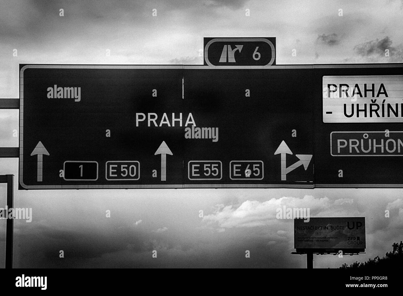 Overhead gantry sign on motorway heading towards Prague in the Czech Republic Stock Photo