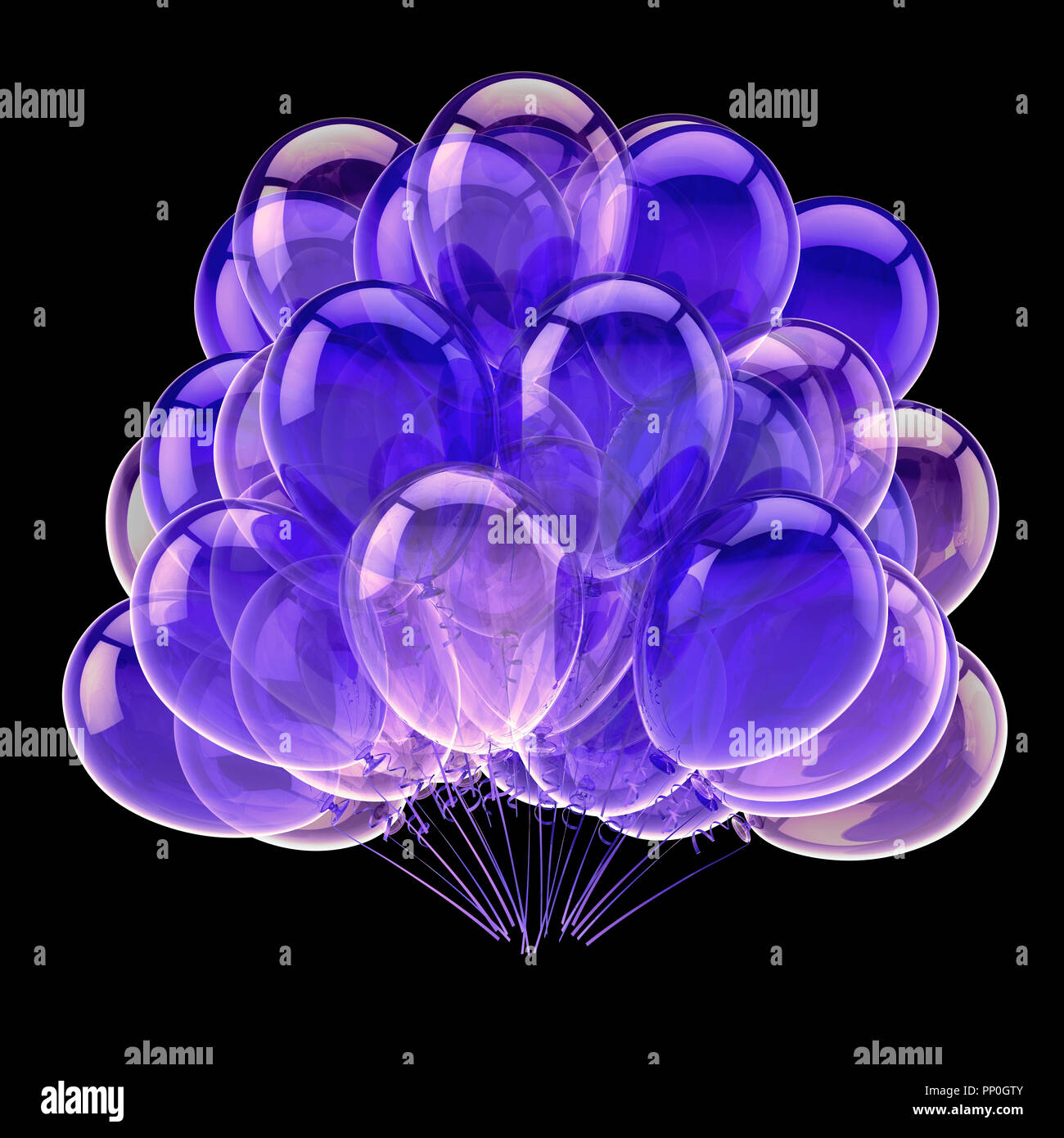 Purple balloon bunch, birthday party decoration blue, glossy helium balloons  violet translucent. Holiday anniversary celebrate invitation greeting card  design element. 3d illustration Stock Illustration