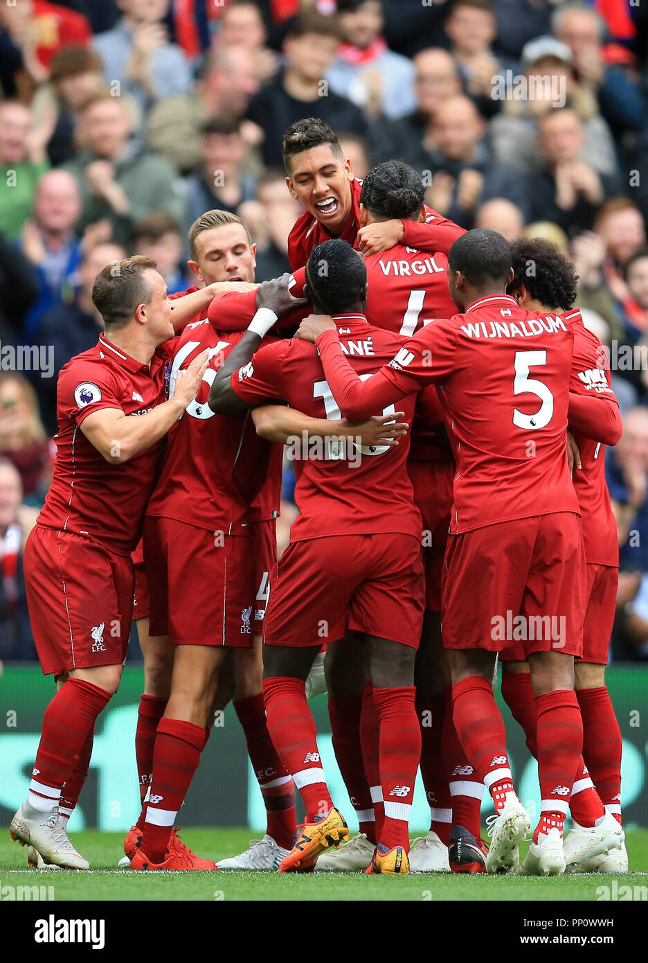 Anfield, Liverpool, UK. 22nd Sep, 2018. EPL Premier League football, Liverpool versus Southampton; the Liverpool players celebrate with scorer Joel Matip of Liverpool Credit: Action Plus Sports/Alamy Live News Stock Photo