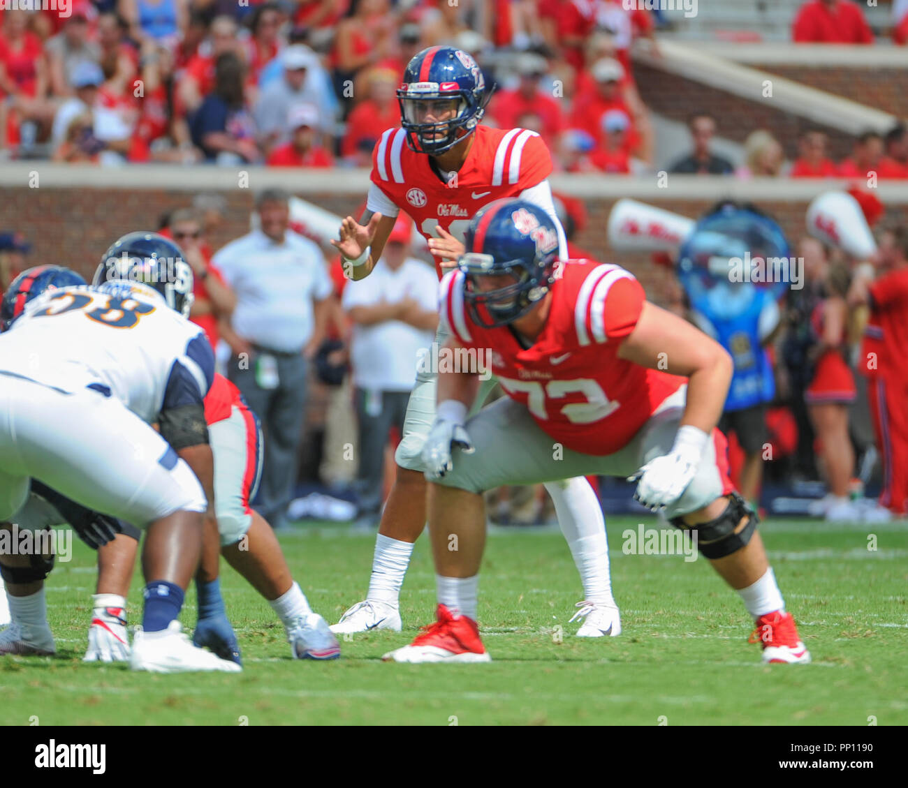 Oxford, MS, USA. 22nd Sep, 2018. Ole' Miss QB, Jordan Ta'Amu (10), prepares to take the snap, during the NCAA DI game at Vaught- Hemingway Stadium in Oxford, MS. Ole' Miss defeated Kent State, 38-17. Kevin Langley/CSM/Alamy Live News Credit: Cal Sport Media/Alamy Live News Stock Photo