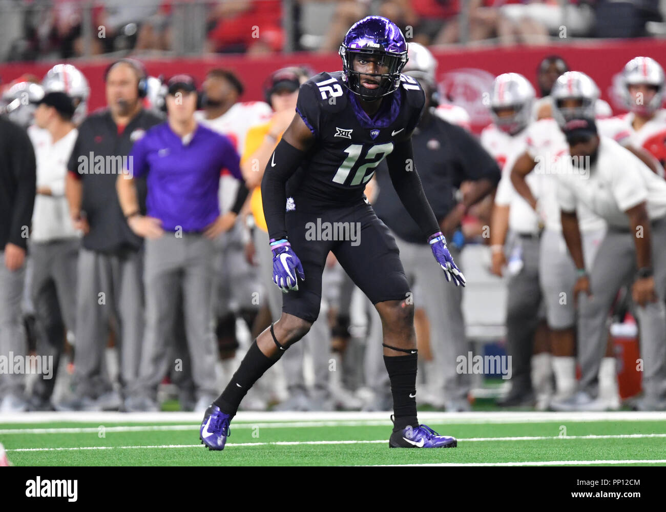 September 15, 2018: TCU Horned Frogs cornerback Jeff Gladney #12 in the AdvoCare Showdown NCAA Football game between the Ohio State Buckeyes and the TCU Horned Frogs at AT&T Stadium in Arlington, TX Ohio defeated TCU 40-28 Albert Pena/CSM Stock Photo