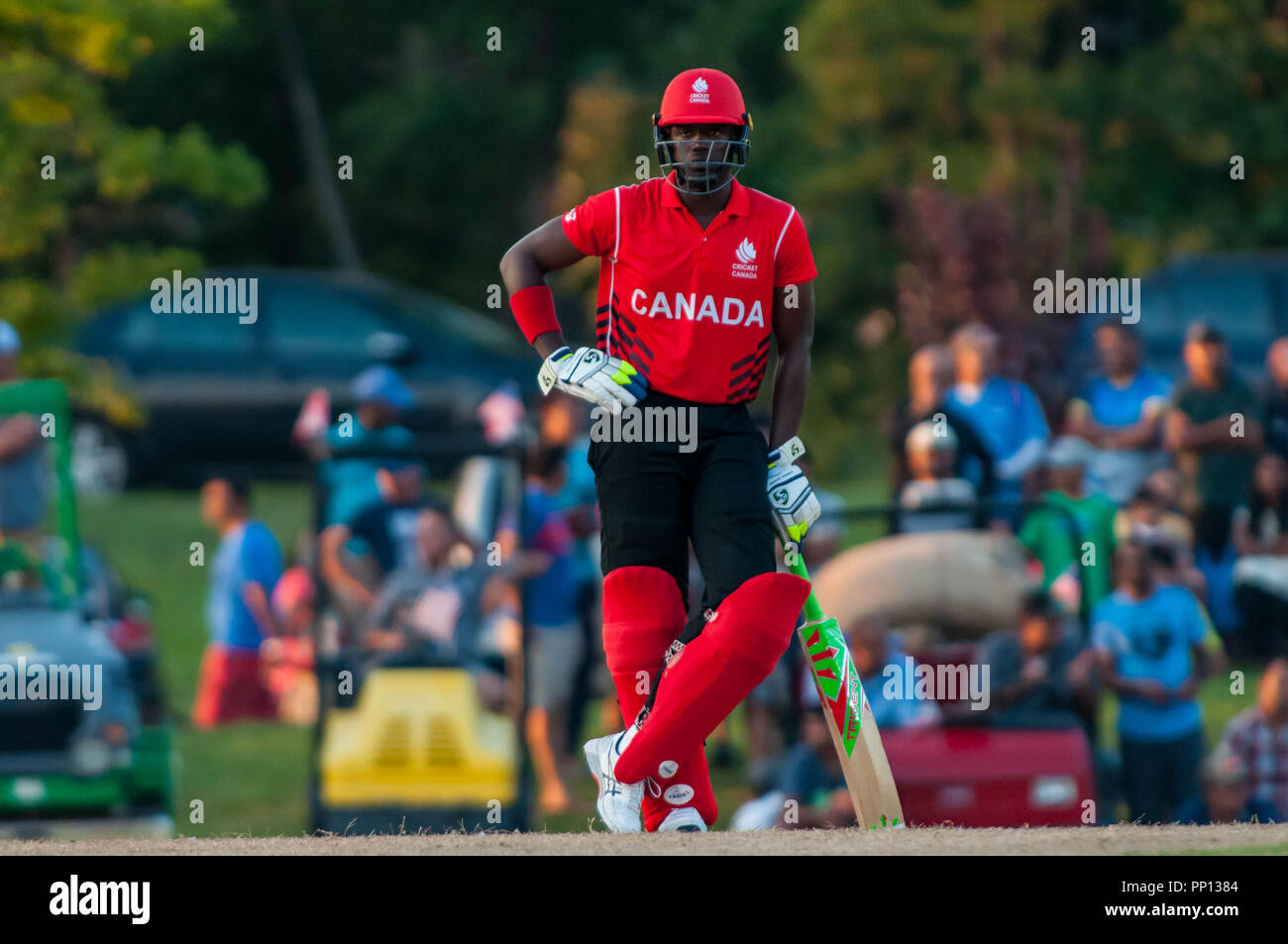 Morrisville, North Carolina, USA. 22nd Sep, 2018. Sept. 22, 2018 - Morrisville N.C., USA - Team Canada ROGRIGO AUSTINE THOMAS (46) waits to bat during the ICC World T20 America's ''A'' Qualifier cricket match between USA and Canada. Both teams played to a 140/8 tie with Canada winning the Super Over for the overall win. In addition to USA and Canada, the ICC World T20 America's ''A'' Qualifier also features Belize and Panama in the six-day tournament that ends Sept. 26. Credit: Timothy L. Hale/ZUMA Wire/Alamy Live News Stock Photo