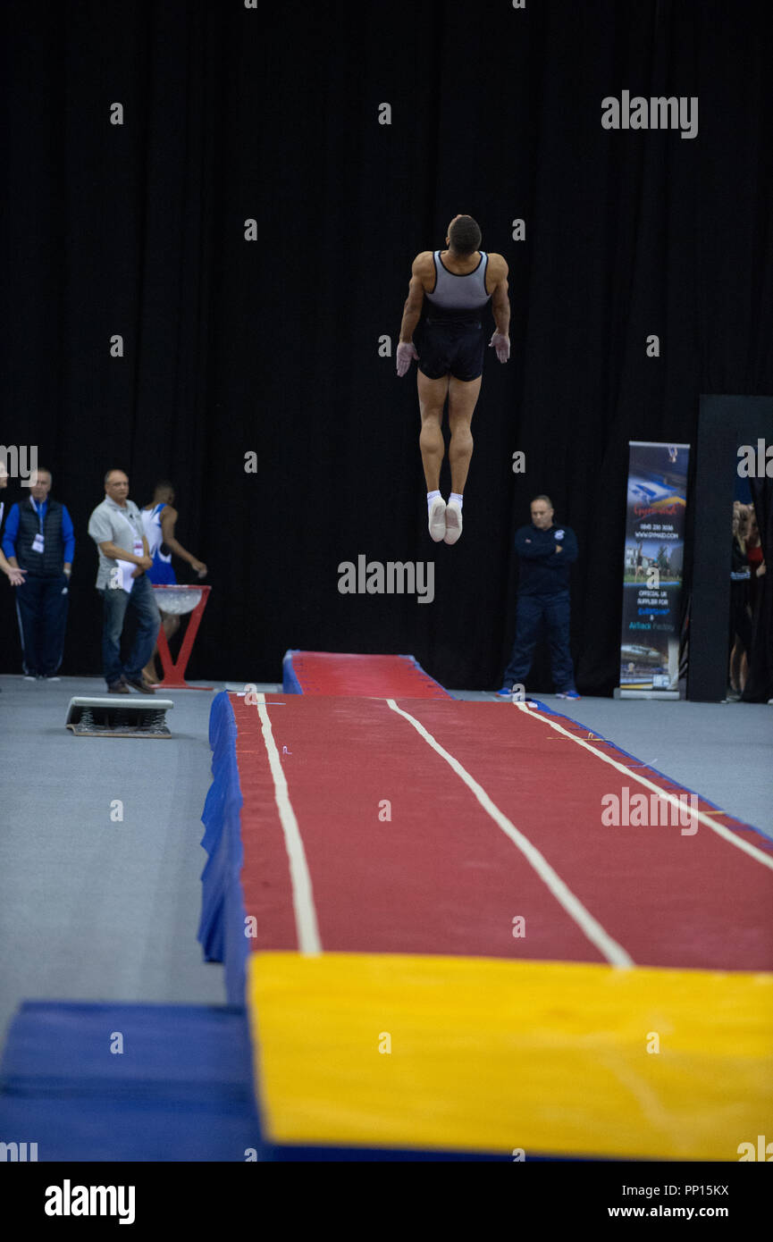 Wakefield Gymnastics completing a pass during British Gymnastics Trampoline, DMT and Tumbling