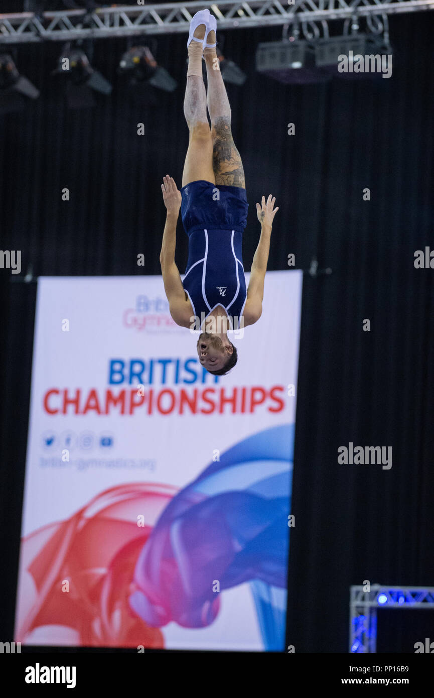 Birmingham, UK. 22nd September 2018. Luke Strong, City of Liverpool Gymnastics during one of his passes during the British Gymnastics Trampoline, DMT and Tumbling British Championships 2018 at the Arena Birmingham, Birmingham, UK. Credit: Iain Scott Photography/Alamy Live News Stock Photo
