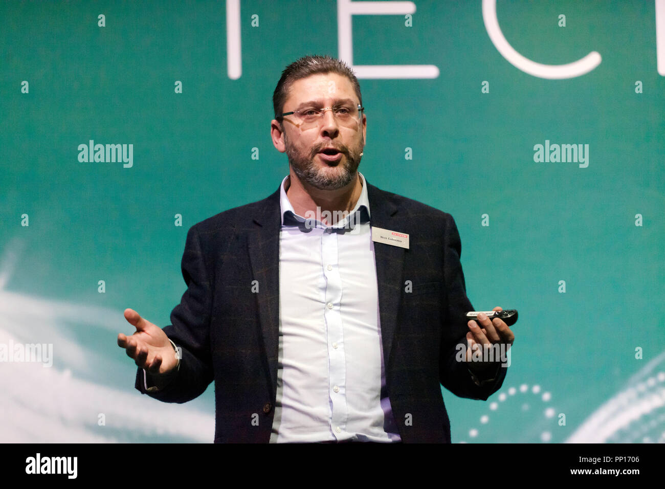 Professor Nick Colosimo of BAE Systems talking about what advances in augmented reality could mean for the next generation of combat aircraft, on the Technology Stage, at New Scientist Live Stock Photo