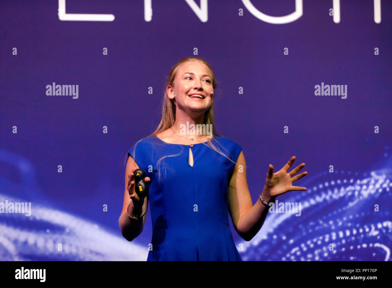 British plasma physicist and science communicator, Melanie Windridge taking about how developments in Nuclear Fusion could soon provide limitless clean energy, on the Engineering Stage, at New Scientist Live Stock Photo